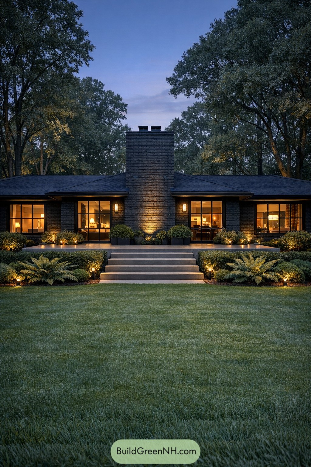 Charcoal painted brick ranch with glowing windows