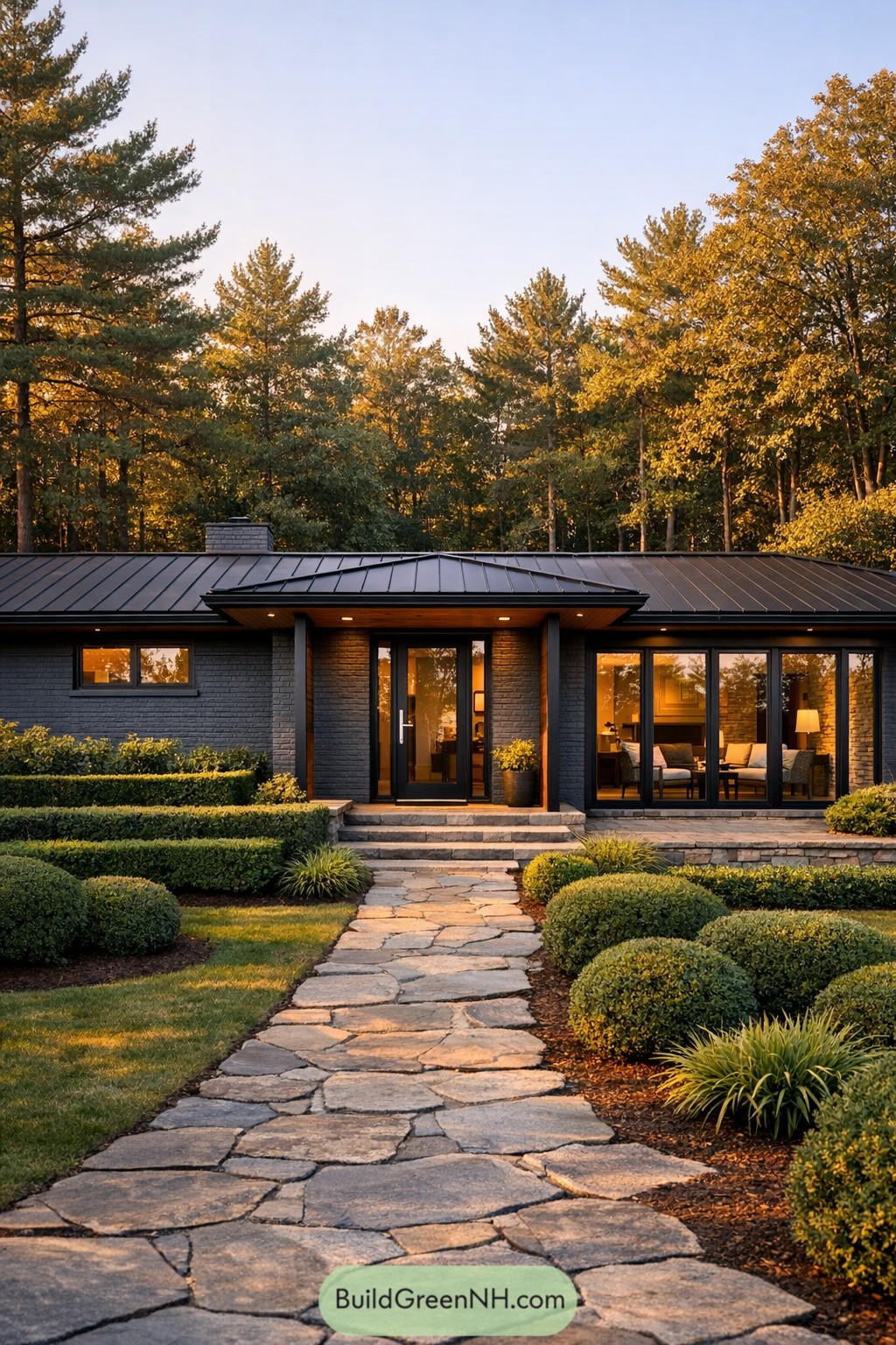Charcoal painted brick ranch with black roof