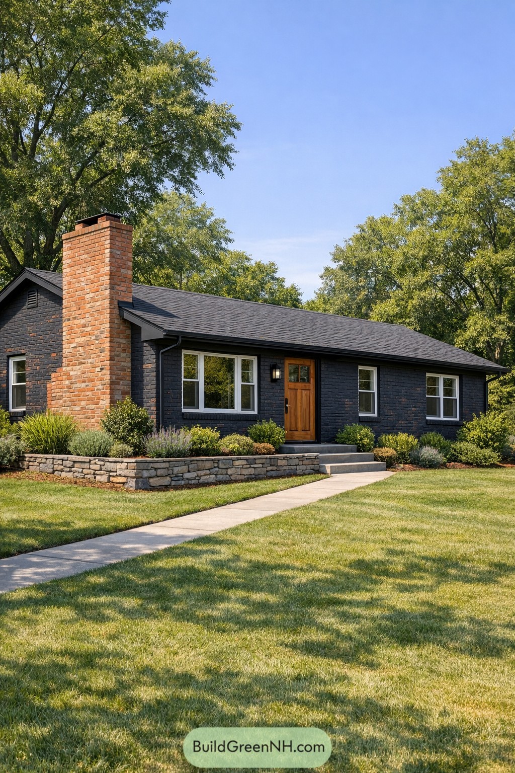 Dark painted brick ranch with brick chimney