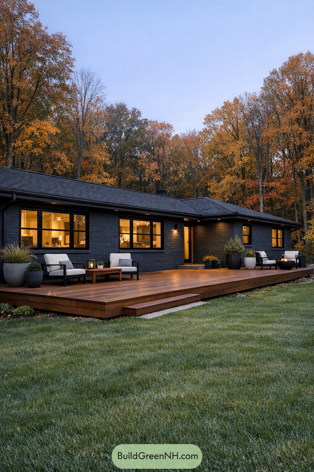 Charcoal brick ranch with wood deck