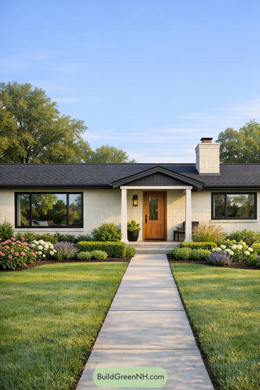 Cream painted brick ranch with black trim