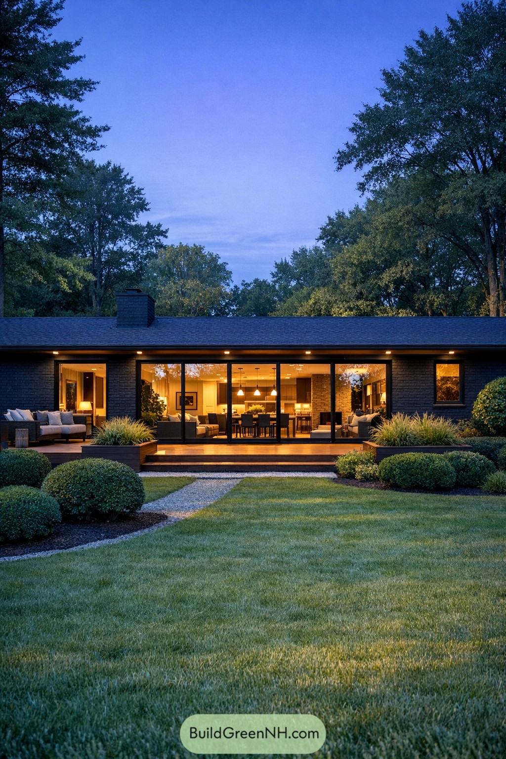 Dark painted brick ranch with glass doors at dusk
