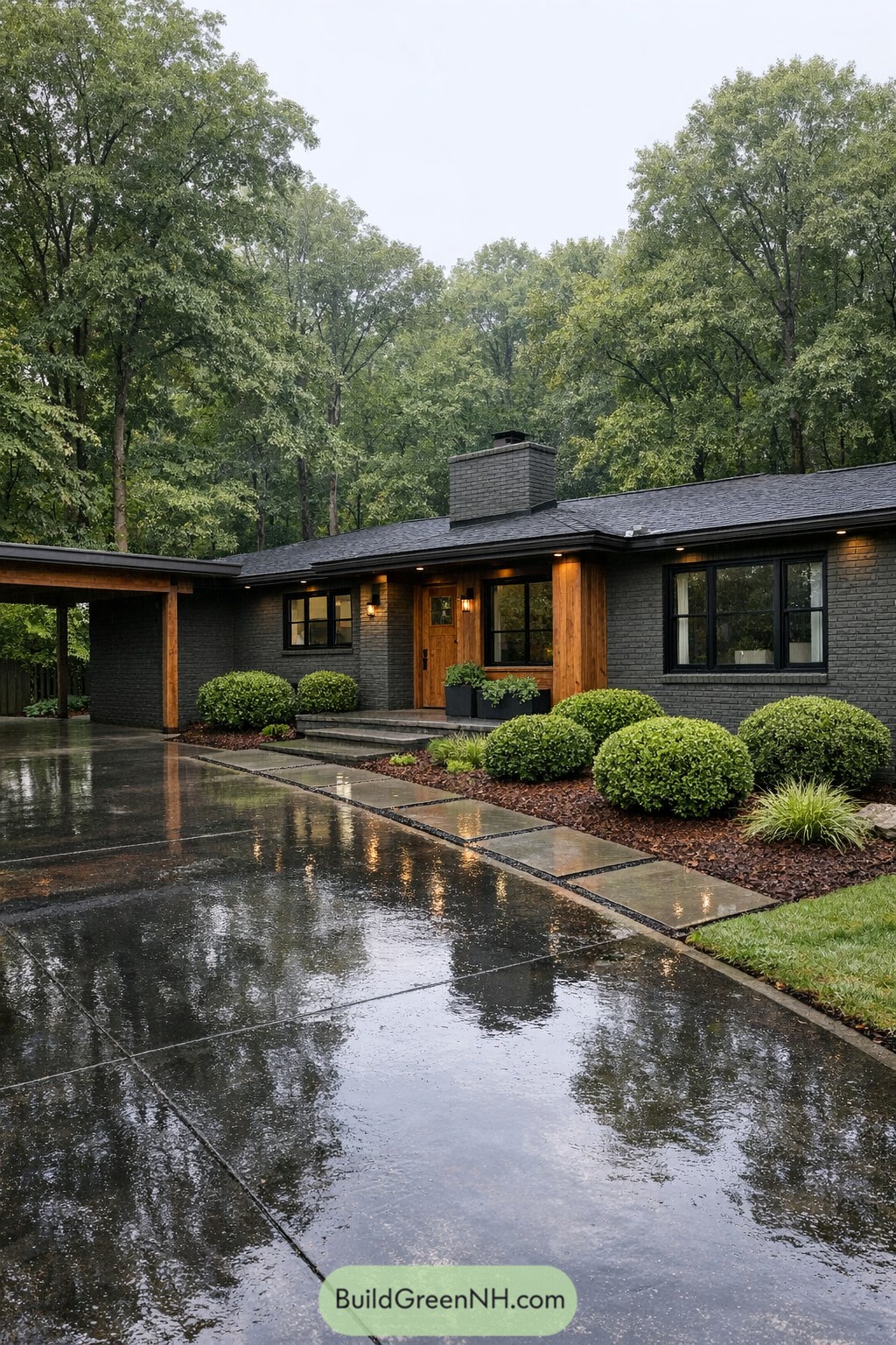 Dark painted brick ranch with wood accents in rain