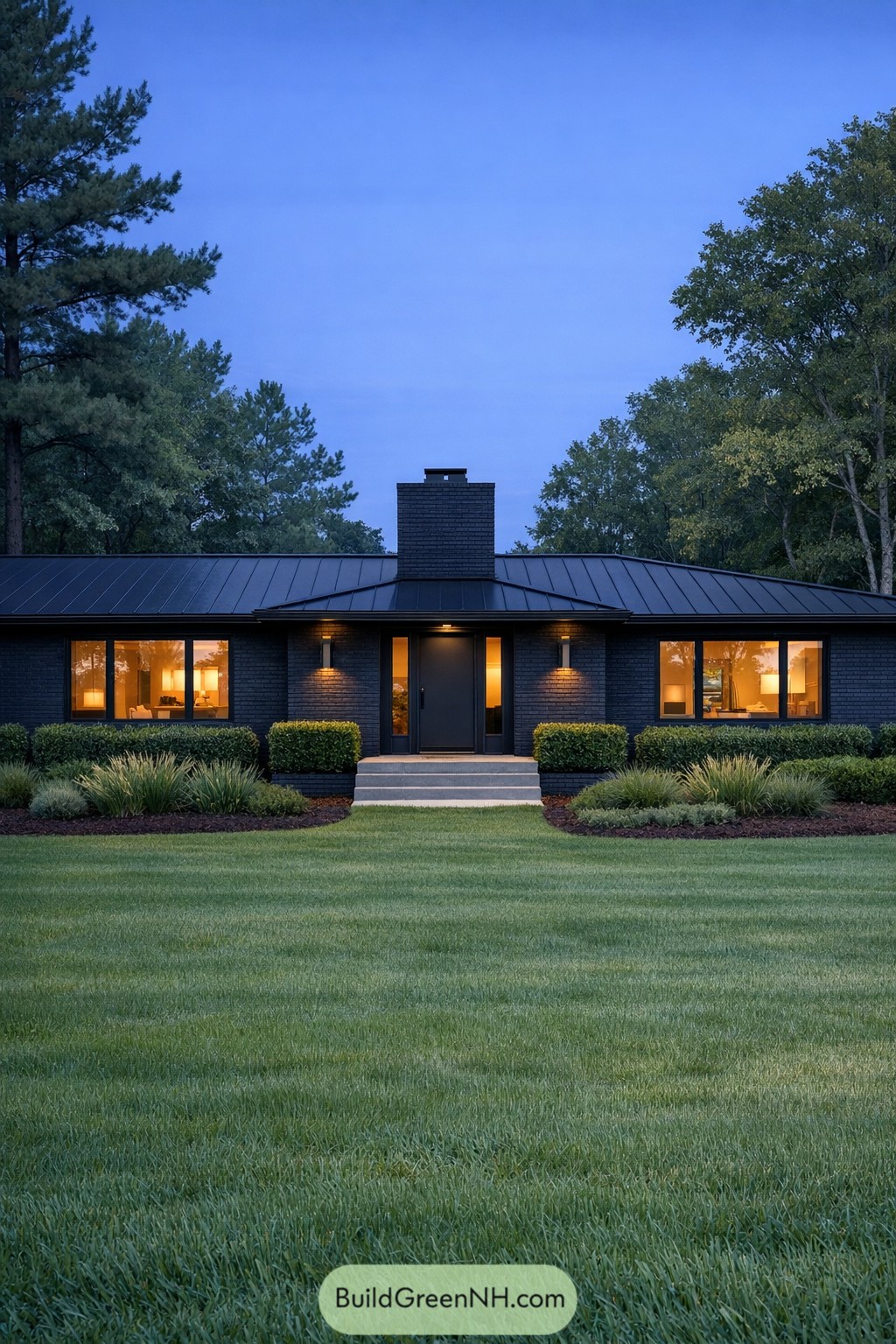 Black painted brick ranch with warm windows