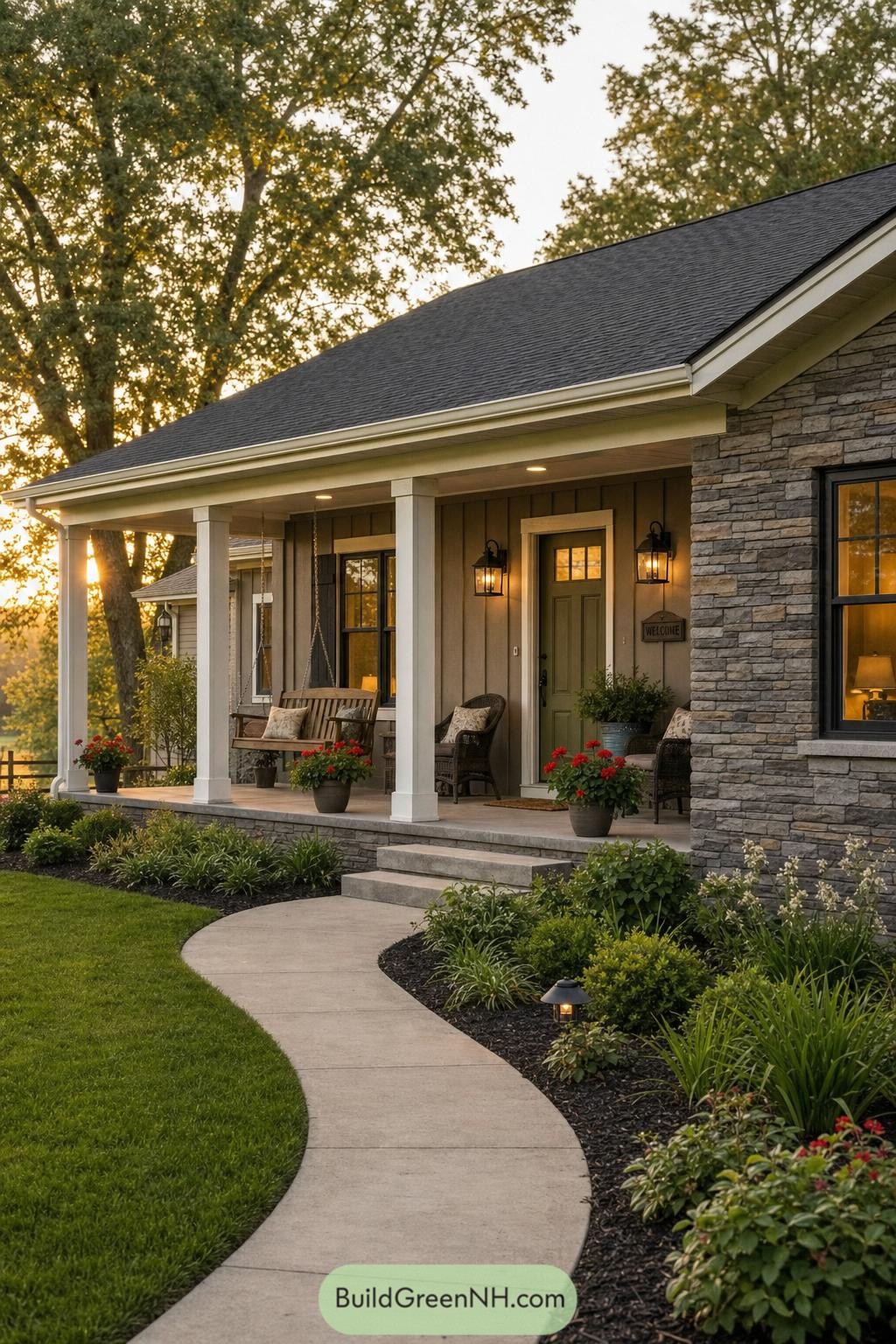 Covered ranch porch with stone walls and swing