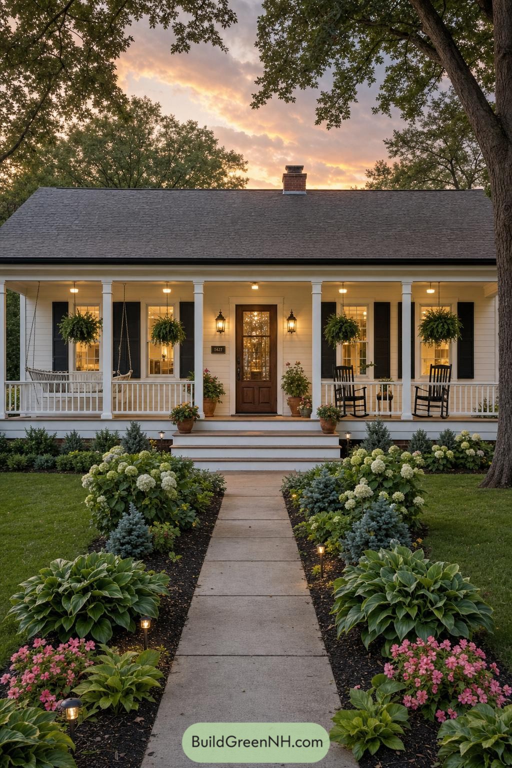 White ranch house with a columned porch and garden path at sunset