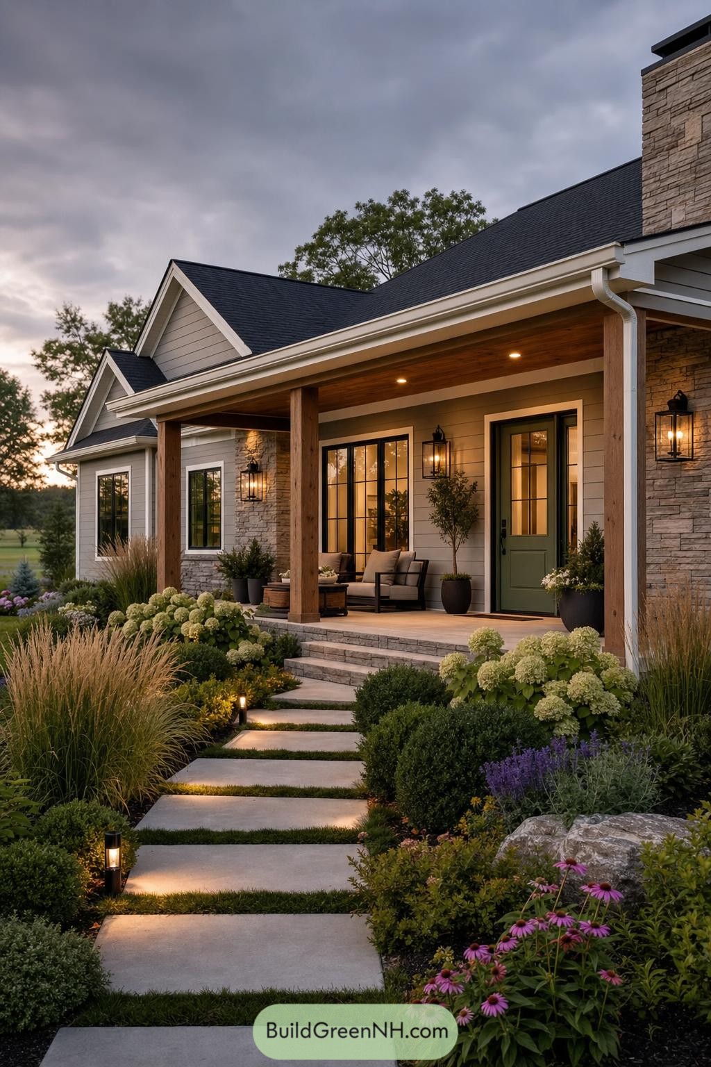 Covered front porch with timber posts stone cladding and landscaped path