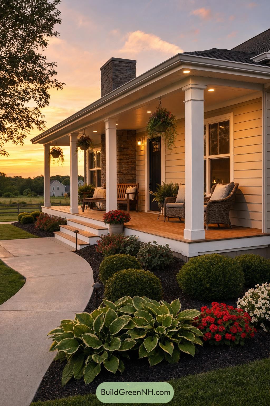 Wraparound ranch porch with white columns, hanging baskets, and garden beds at sunset