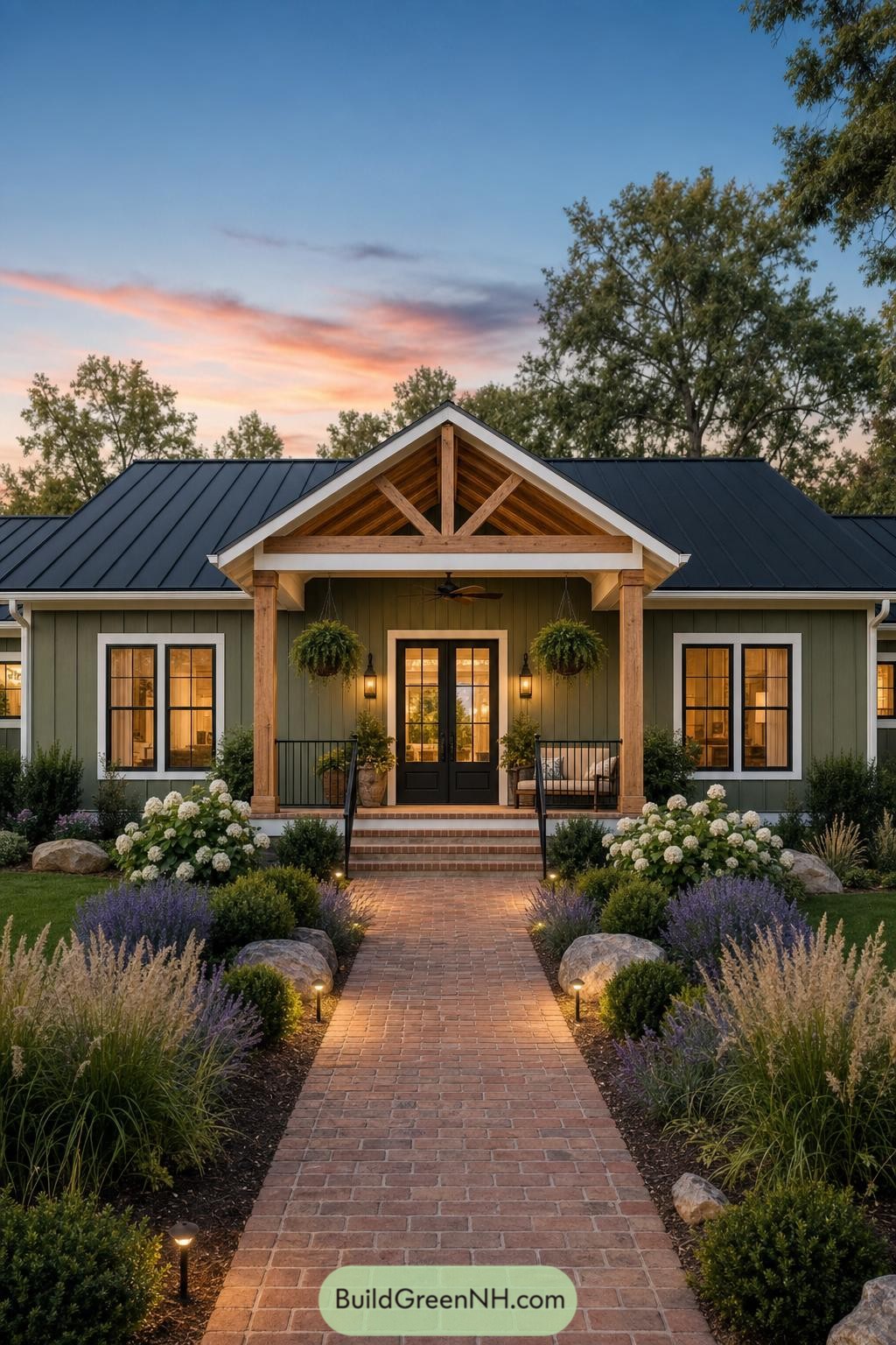 Green ranch home with timber porch and brick walkway
