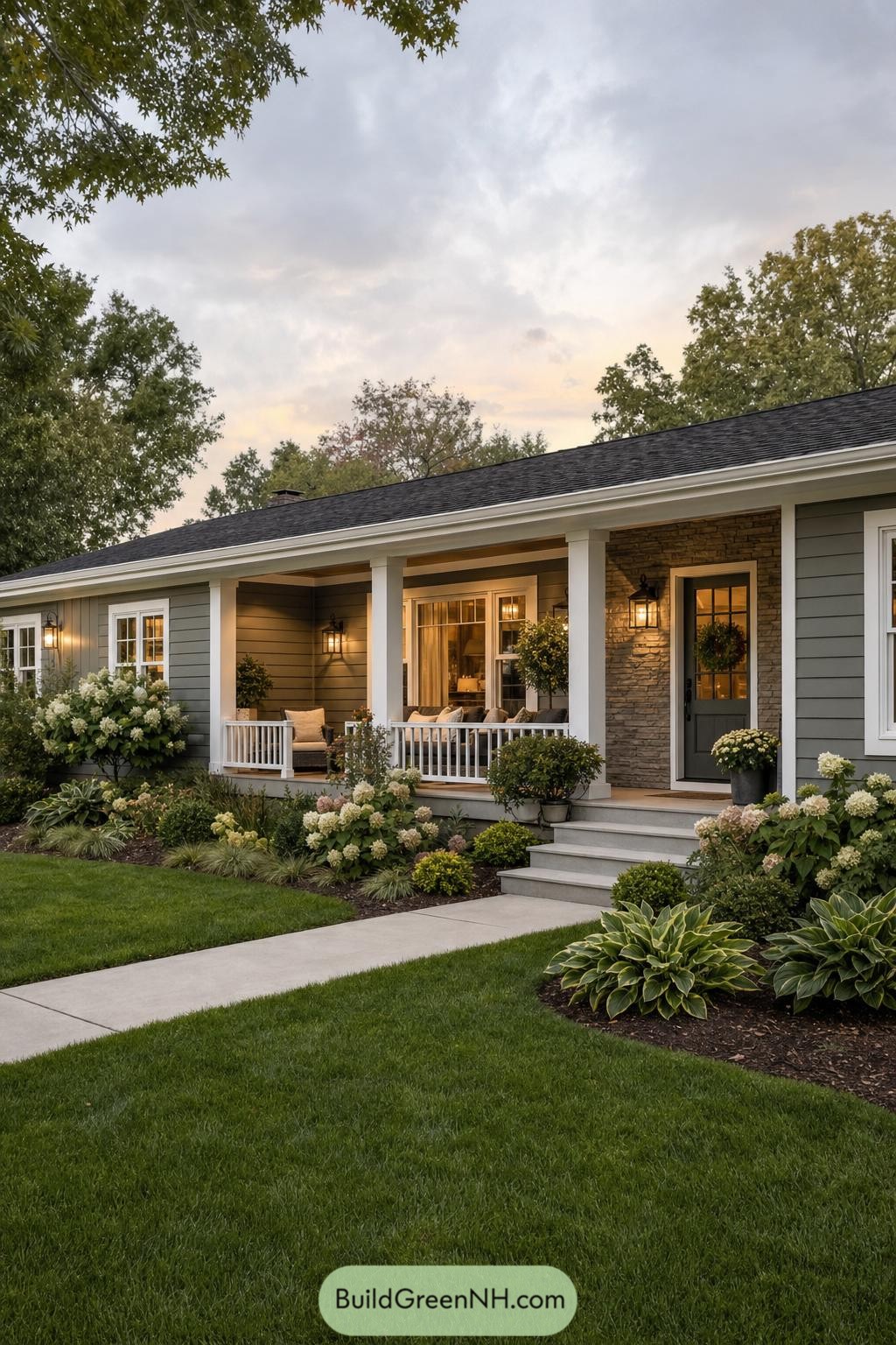 Gray ranch home with a covered white column porch and lush hostas