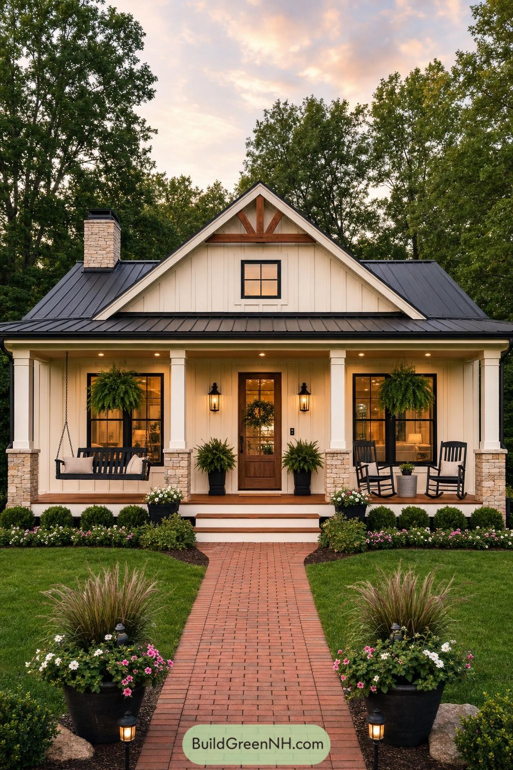 White ranch home with a gabled porch and brick path