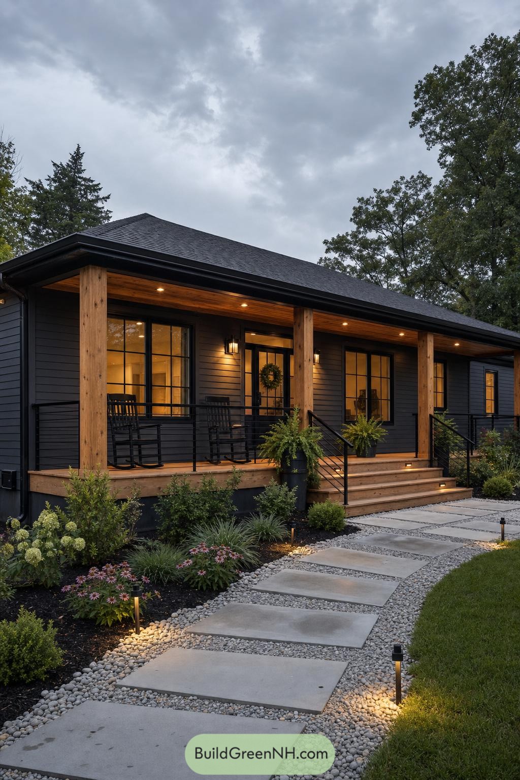 Dark Ranch Home With Cedar Porch And Stepping Stone Walkway
