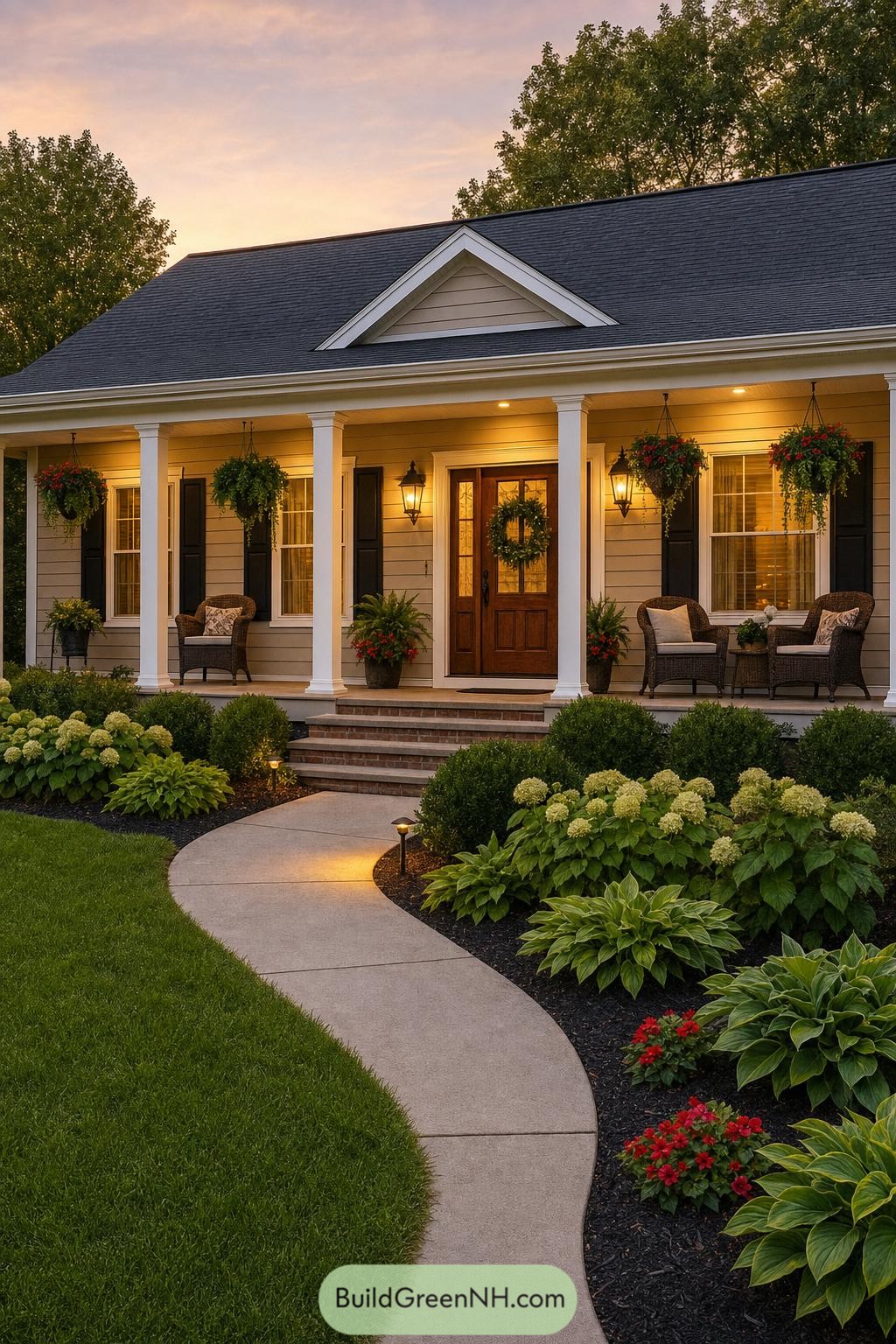 Curved walkway leading to a warmly lit ranch porch