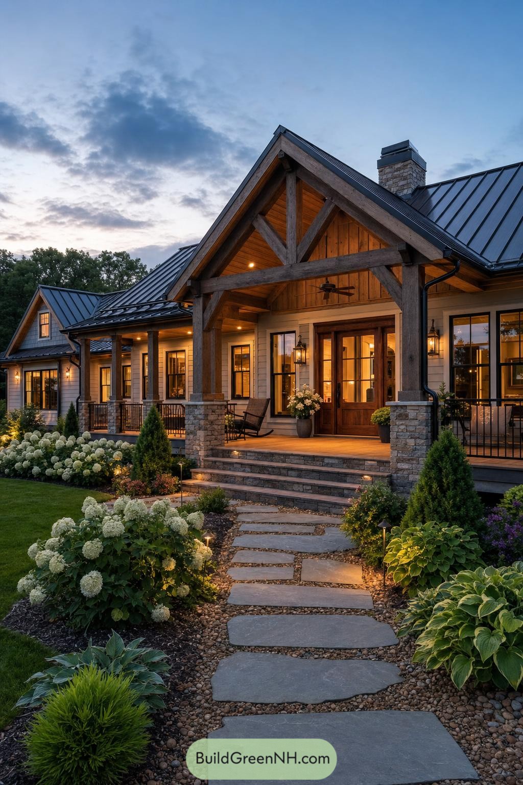 Timber gabled porch with stone steps and garden path