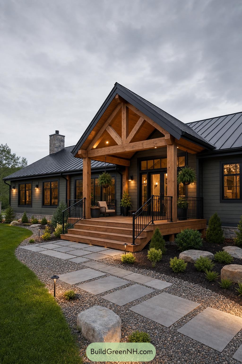 Timber entry porch on a dark ranch home