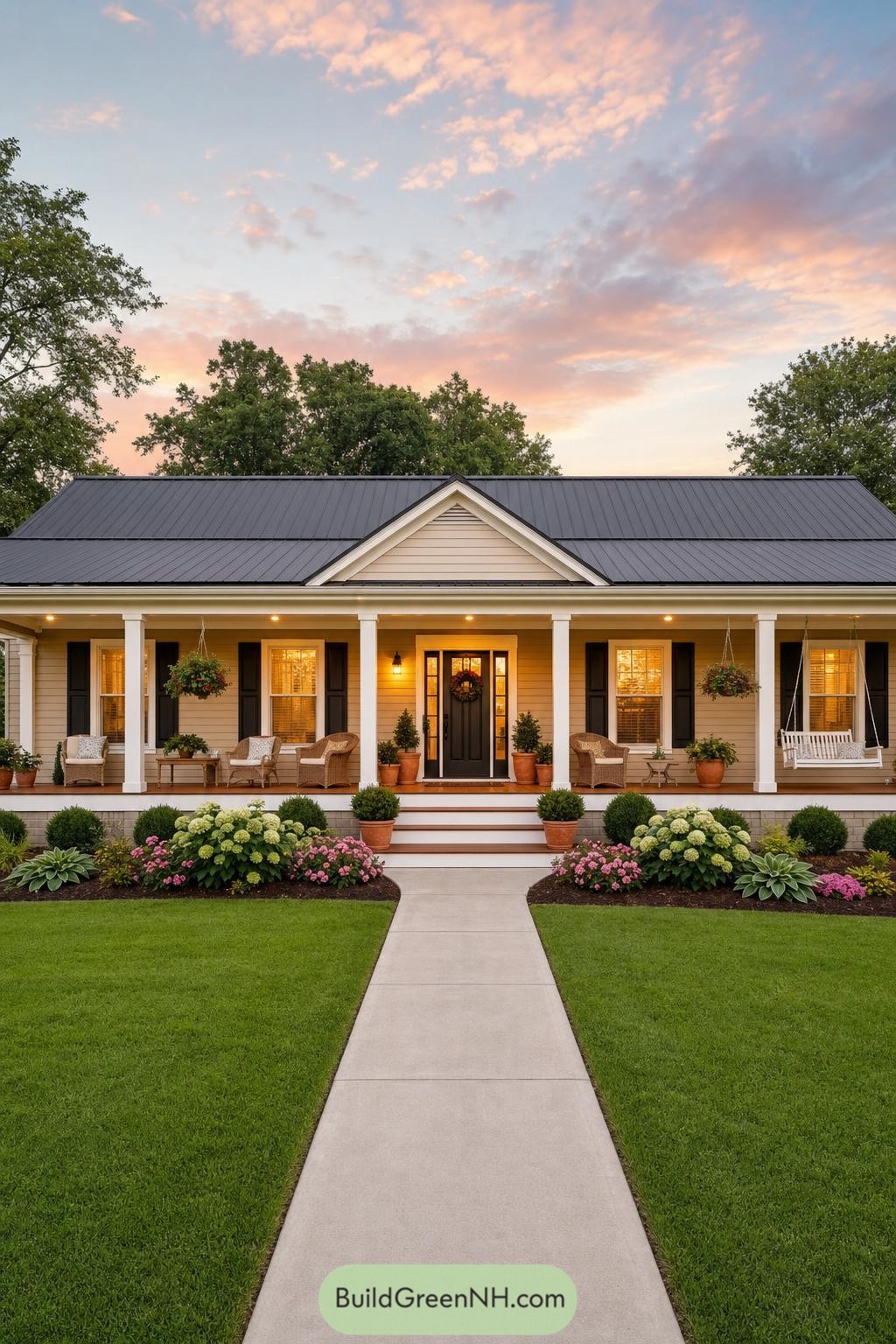 Ranch home with a wide white-columned porch and garden beds