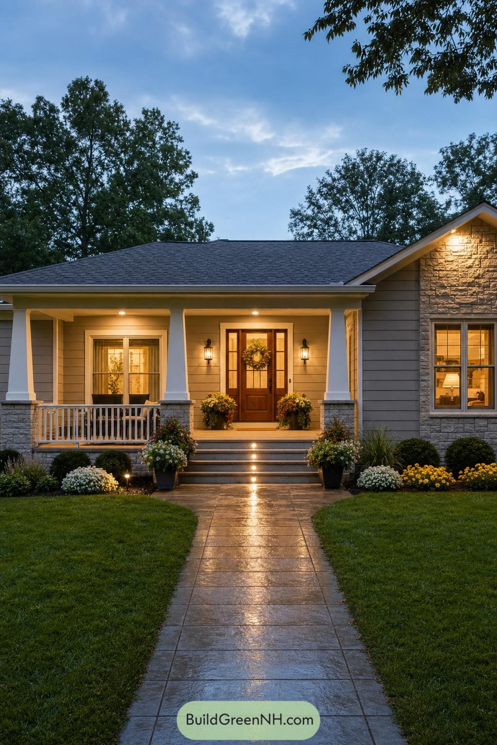 Gray ranch porch with white columns and stone accents