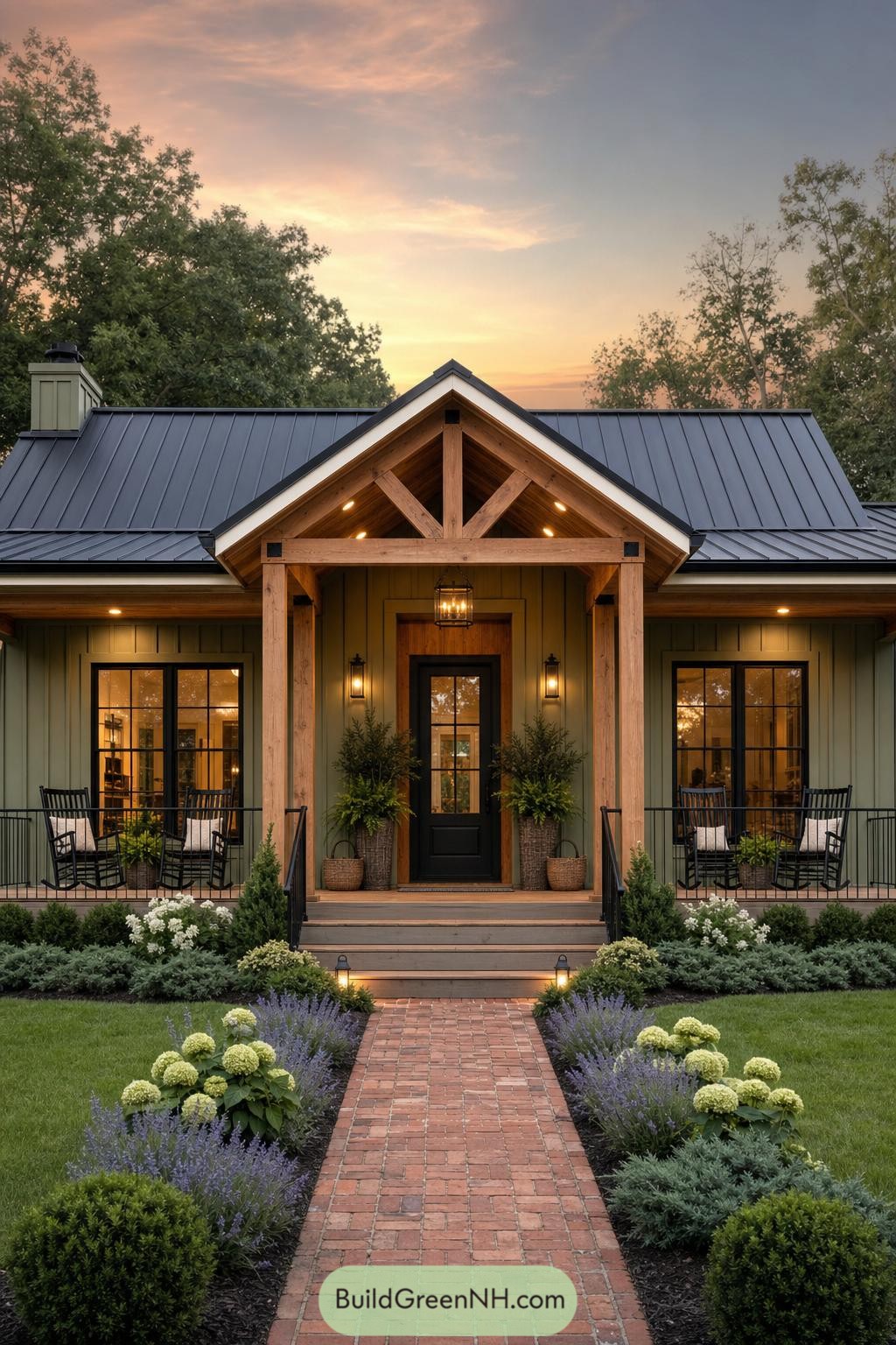 Green ranch home with timber gabled porch and brick walk