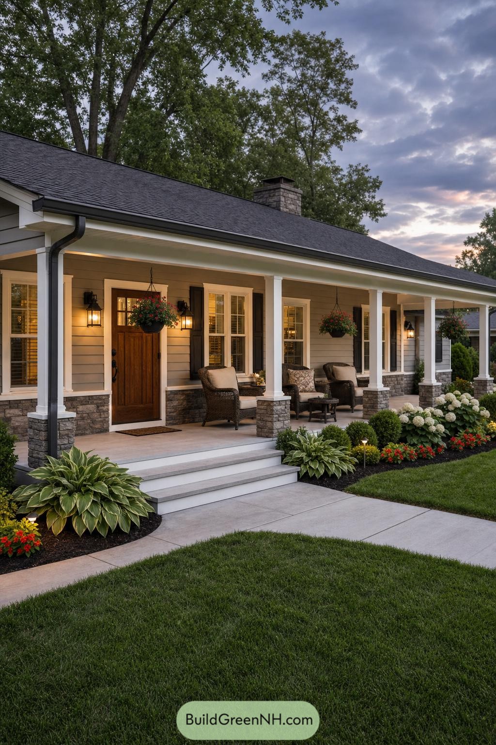 Gray Ranch With Stone Based Porch And Hydrangeas
