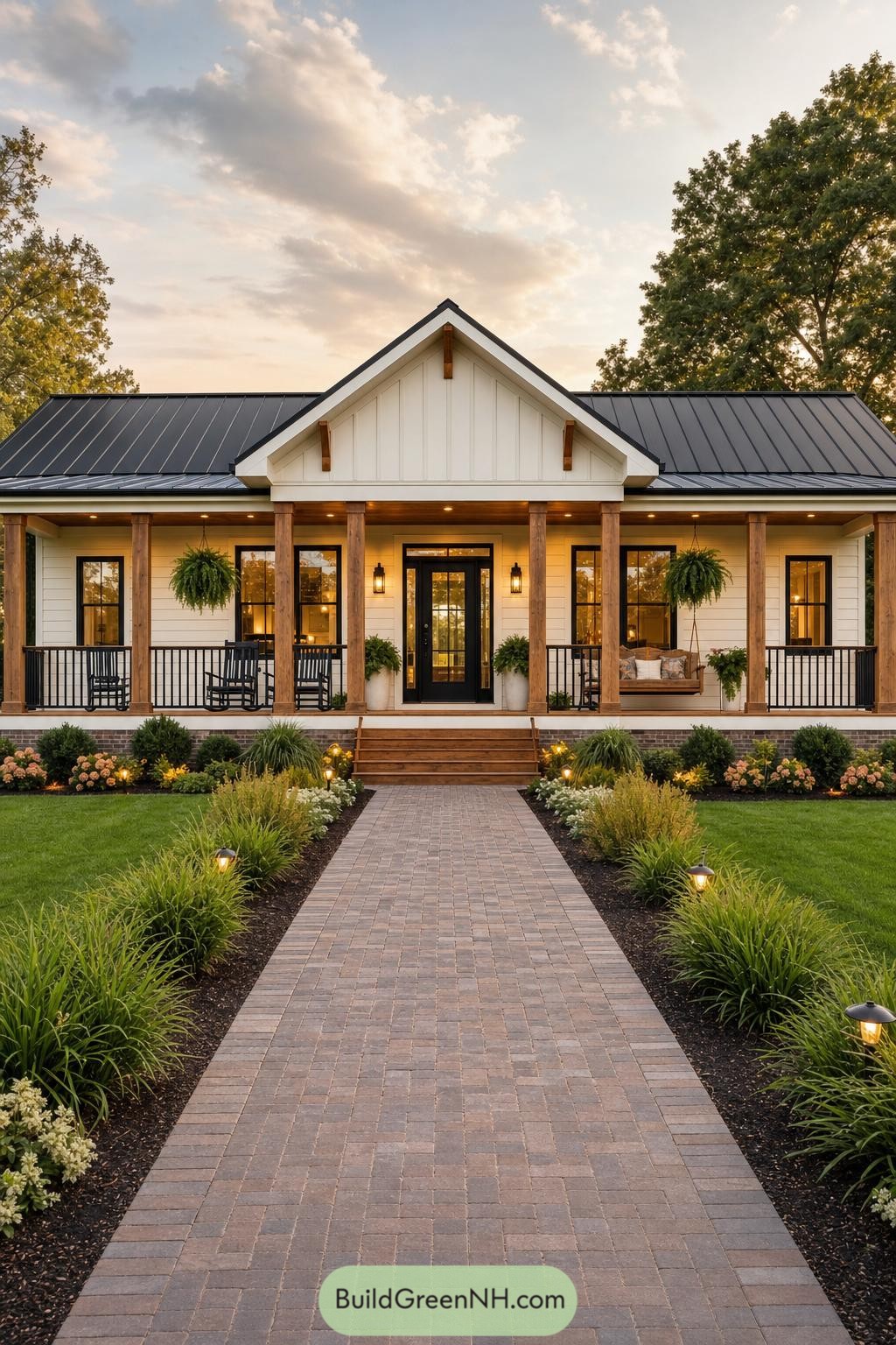 White ranch with timber porch posts and black metal roof
