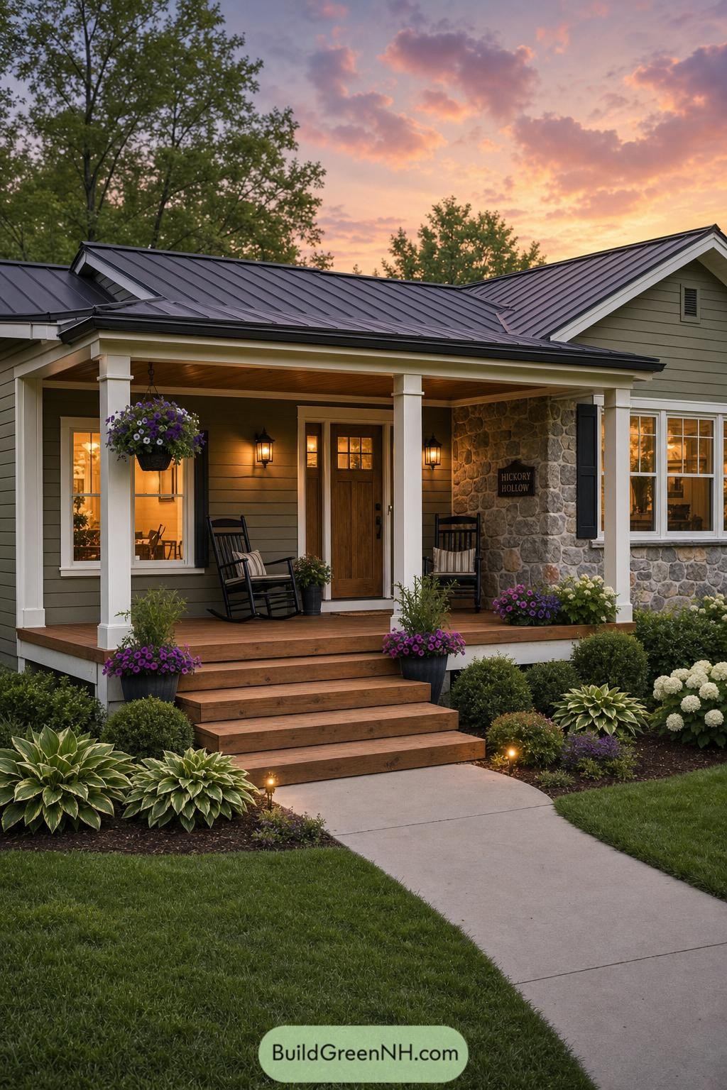 Covered ranch porch with stone facade and wooden steps
