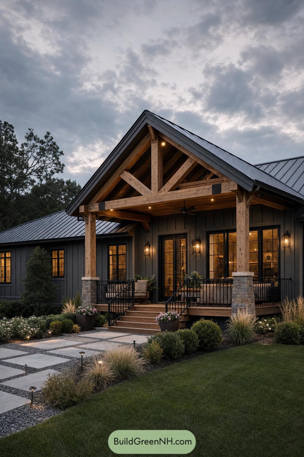 Dark ranch porch with timber truss and stone piers