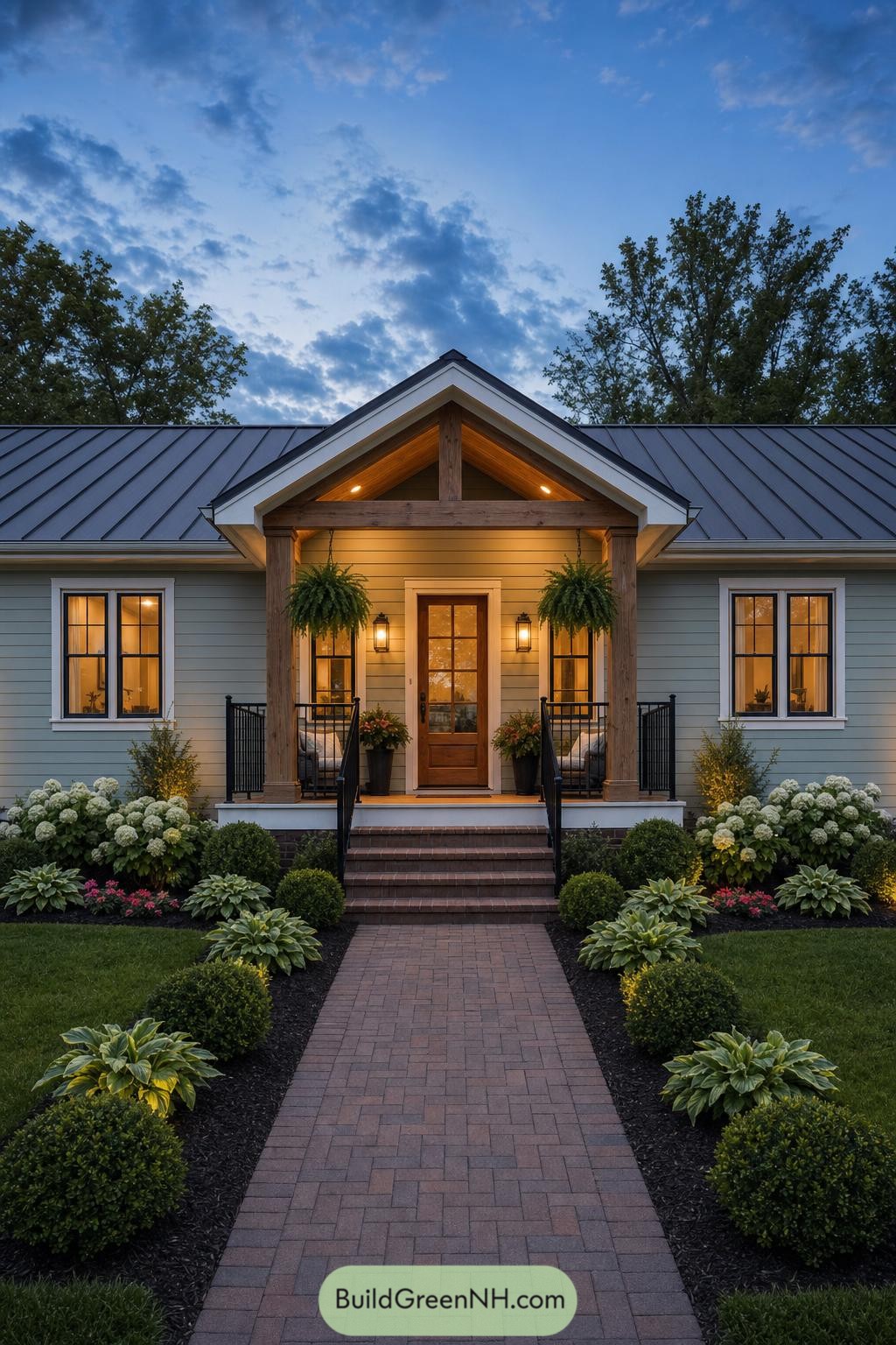 Gray ranch house with timber gabled front porch