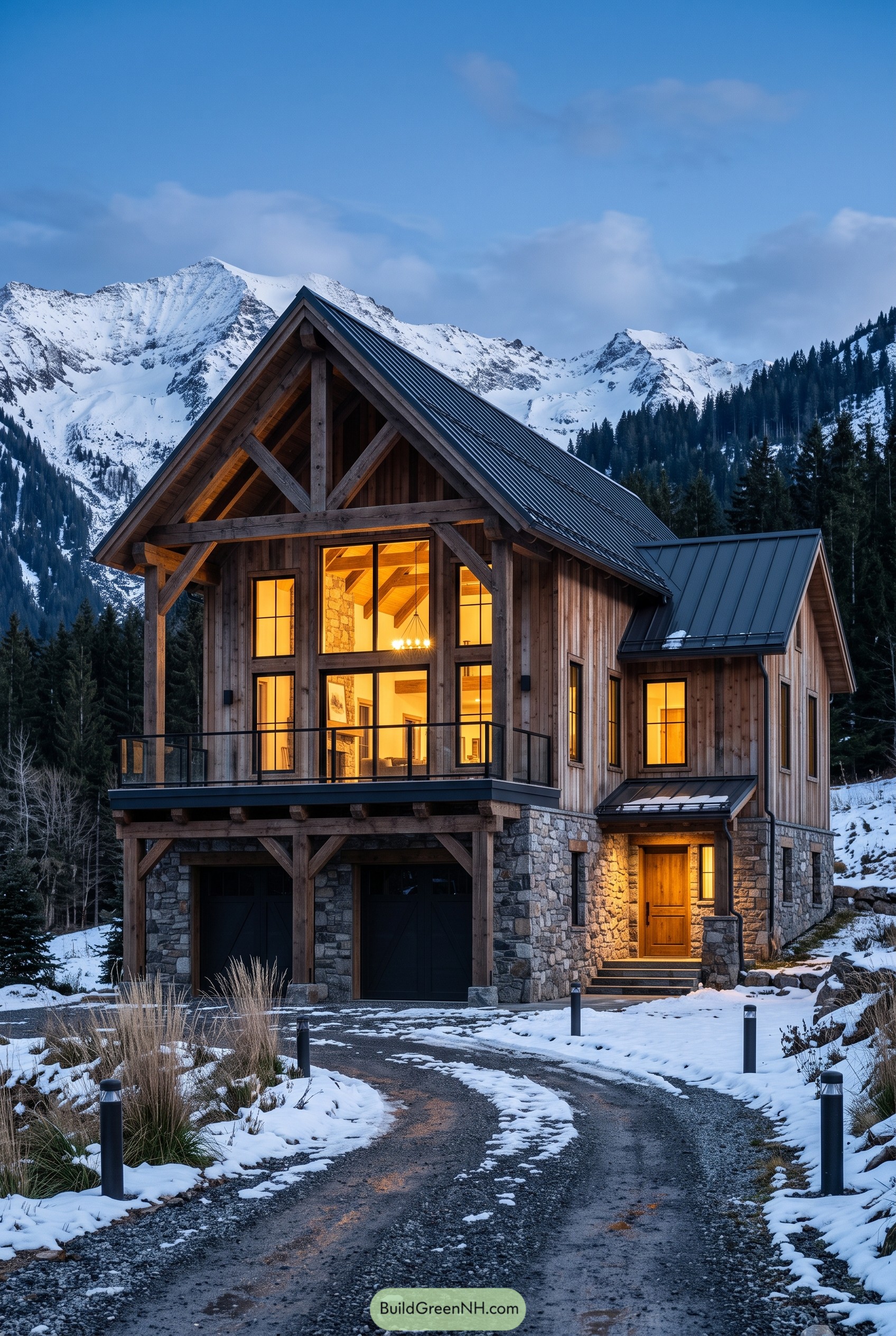 Modern timber farmhouse in snowy mountains