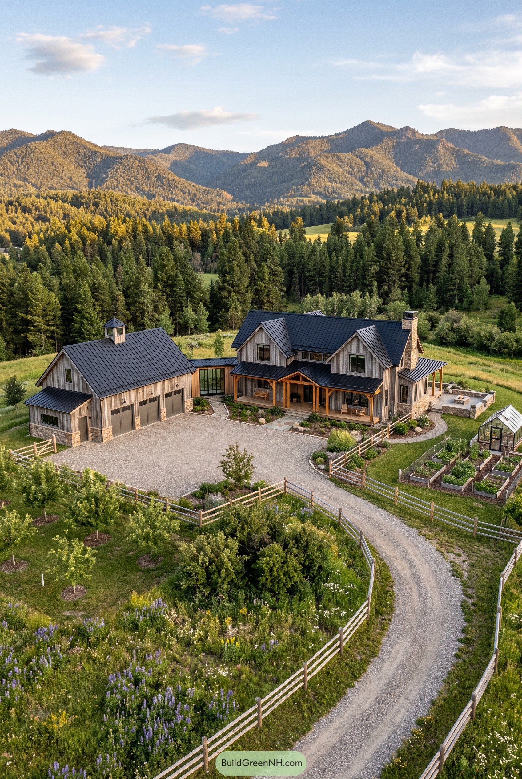 Modern farmhouse with black metal roofs in a mountain meadow