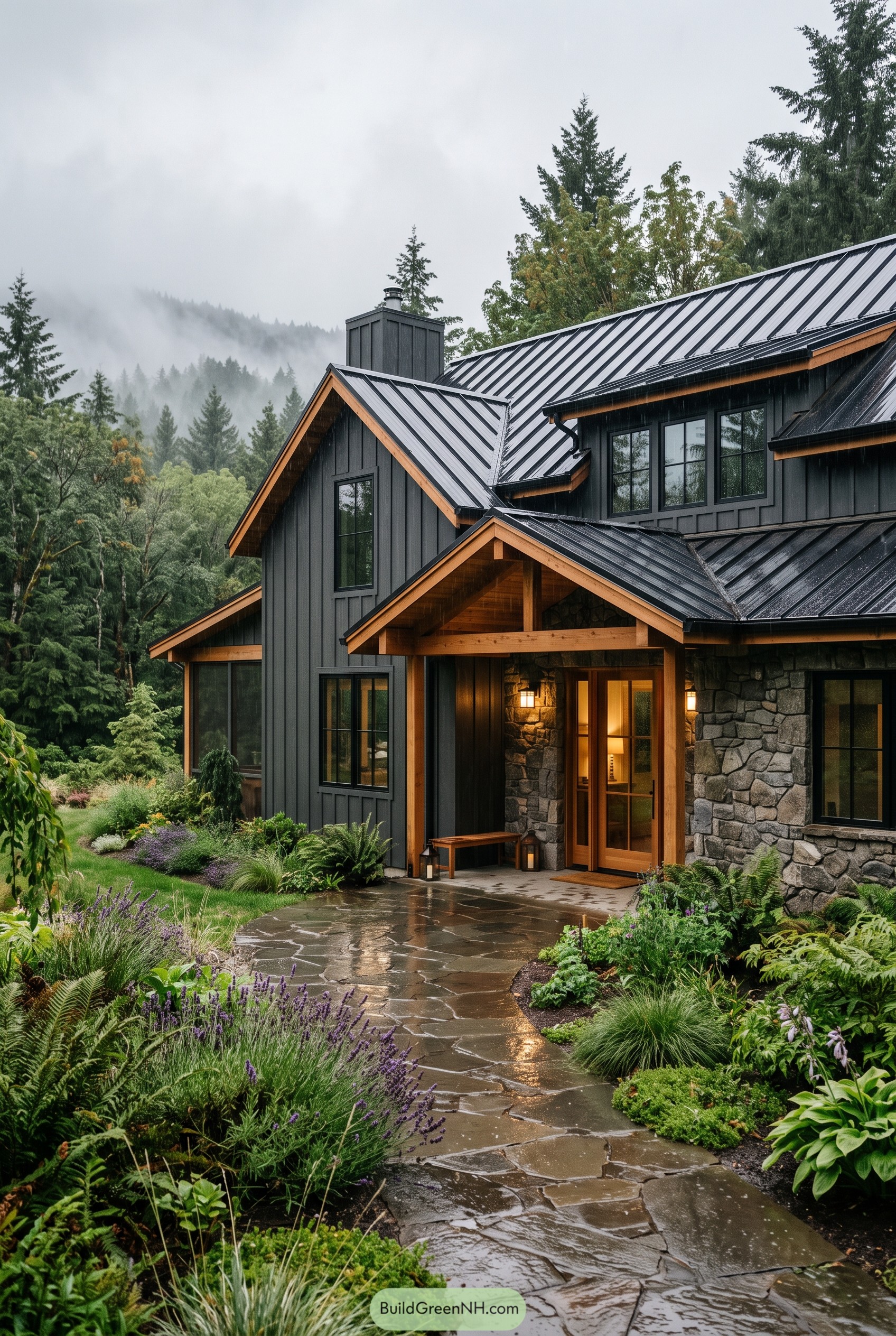 Modern farmhouse with black metal roof in rainy forest