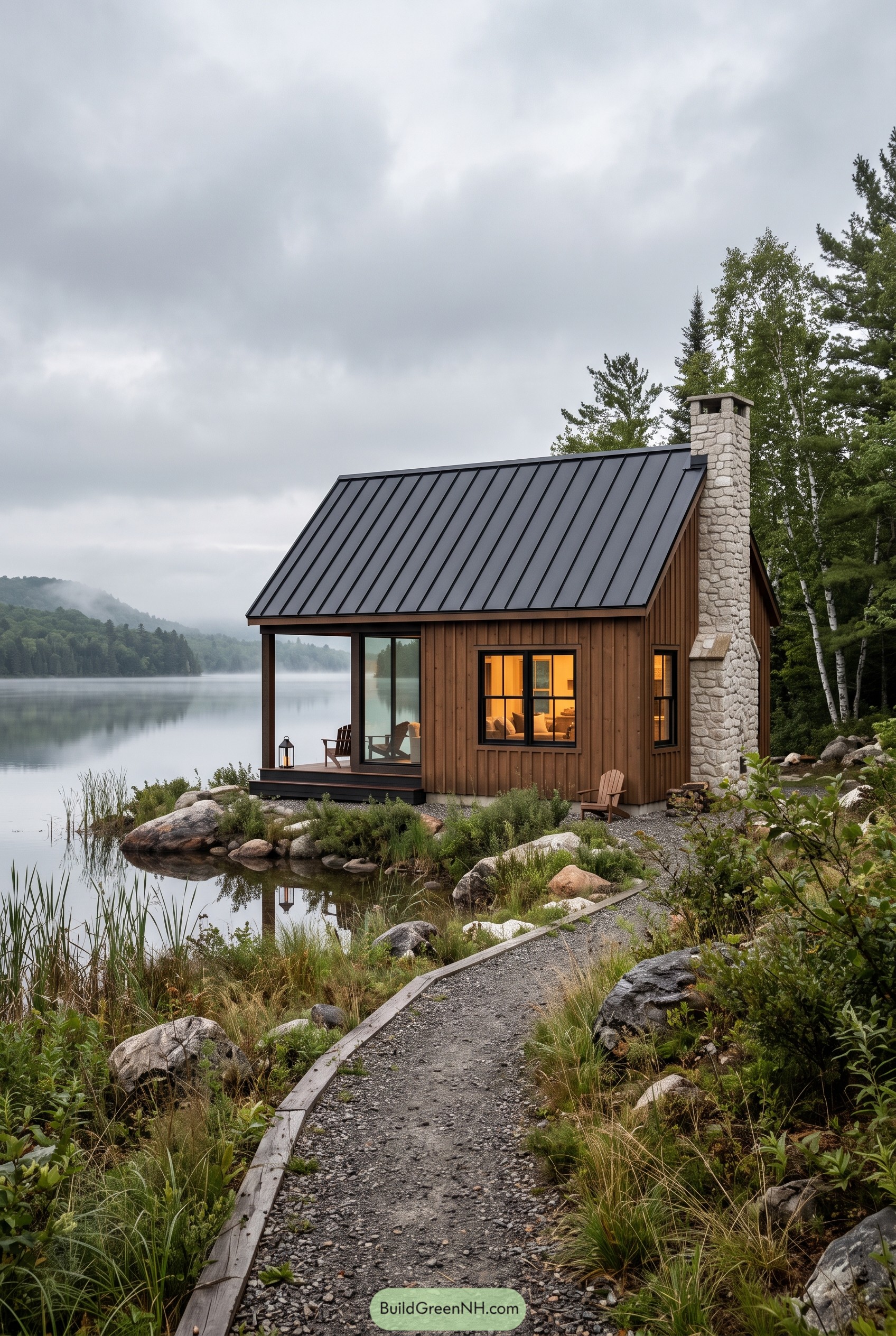 Lakeside wood cabin with black metal roof and stone chimney