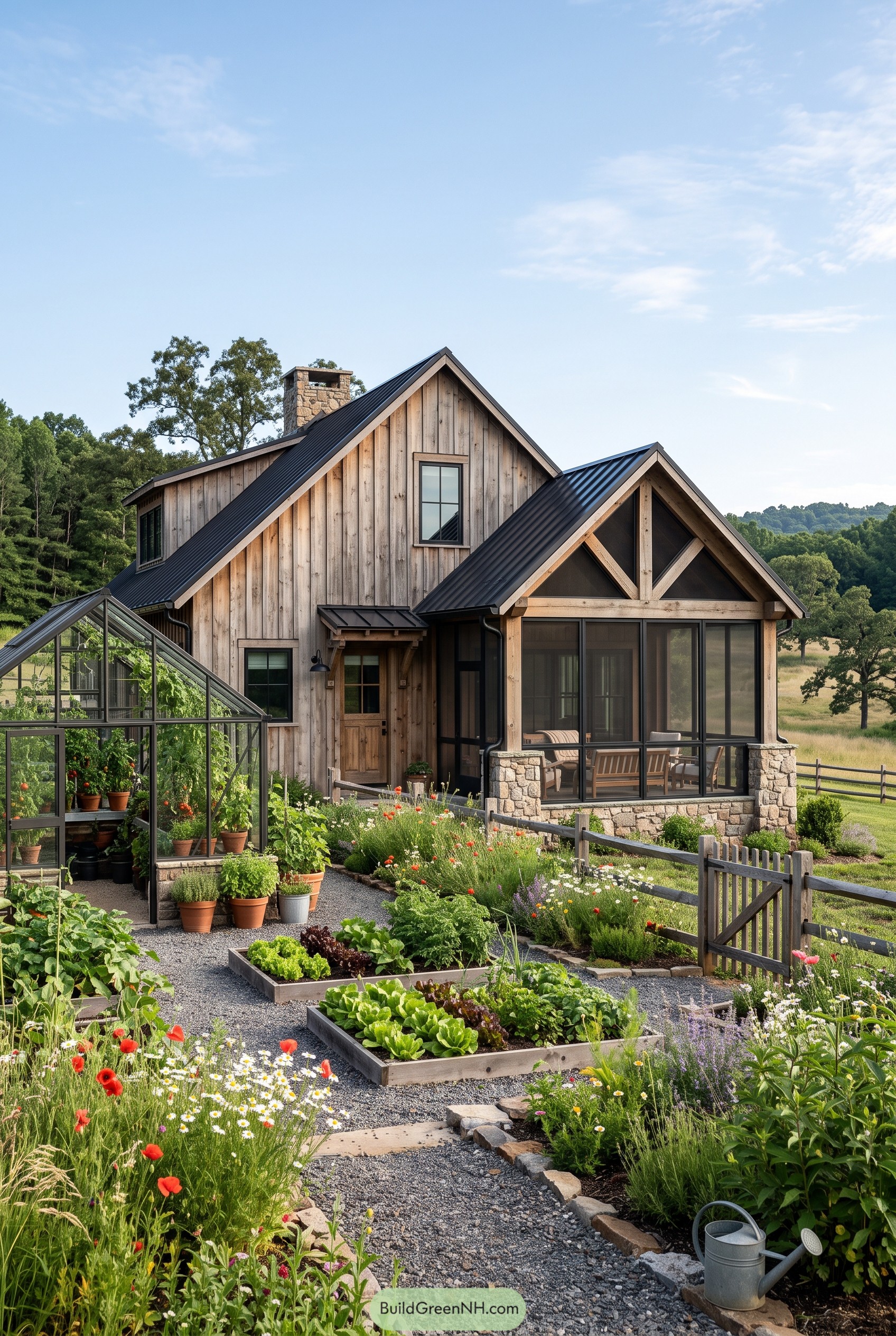 Modern timber farmhouse with greenhouse and garden