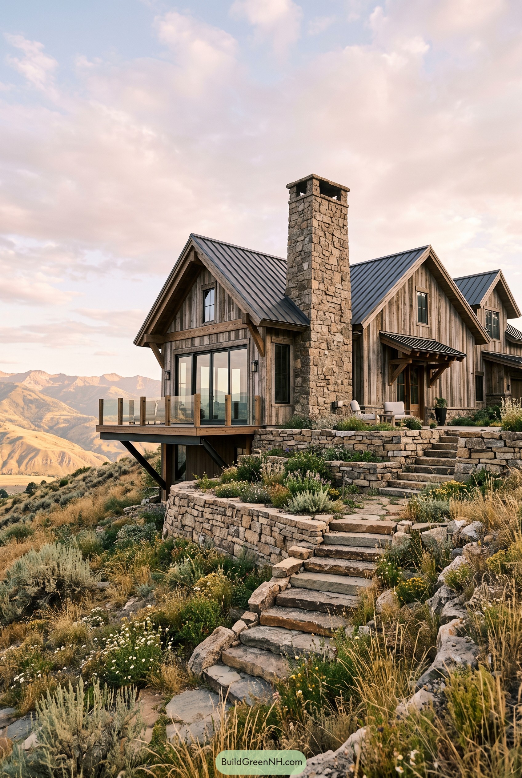 Rustic modern farmhouse with stone chimney and mountain views