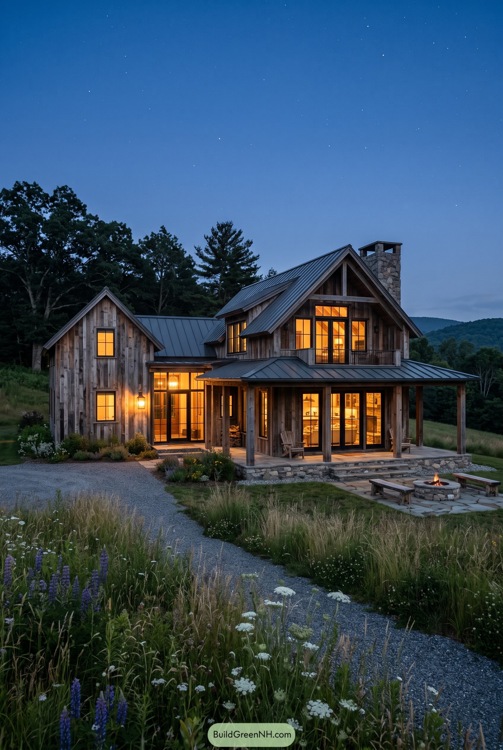 Rustic gabled farmhouse with metal roof at dusk