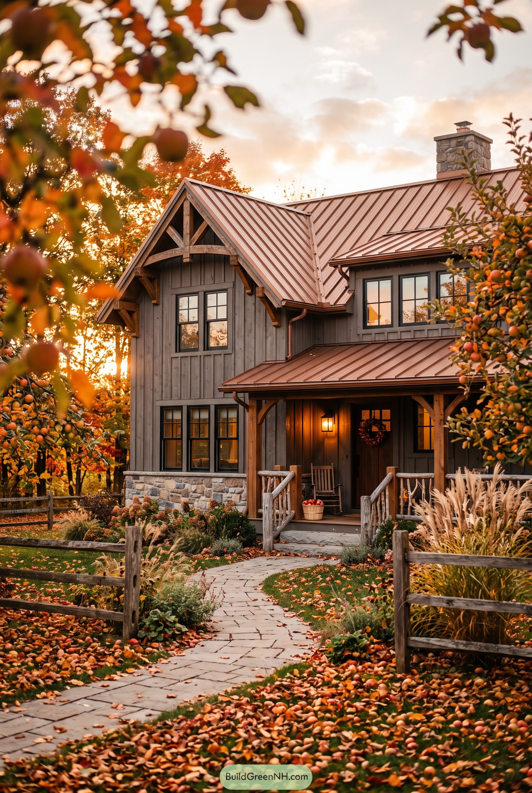 Autumn farmhouse with copper roof and porch