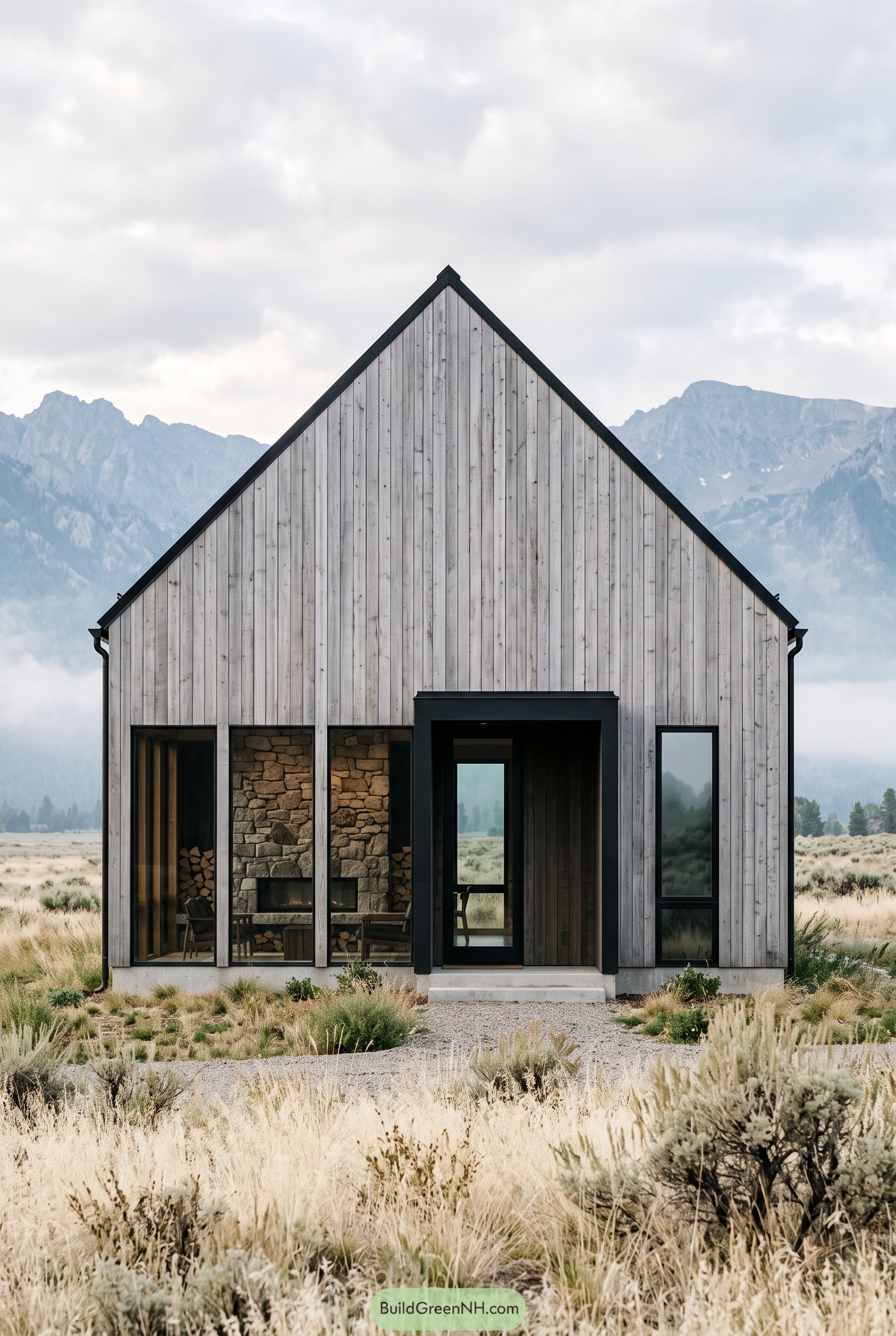 Modern plank farmhouse with mountain backdrop