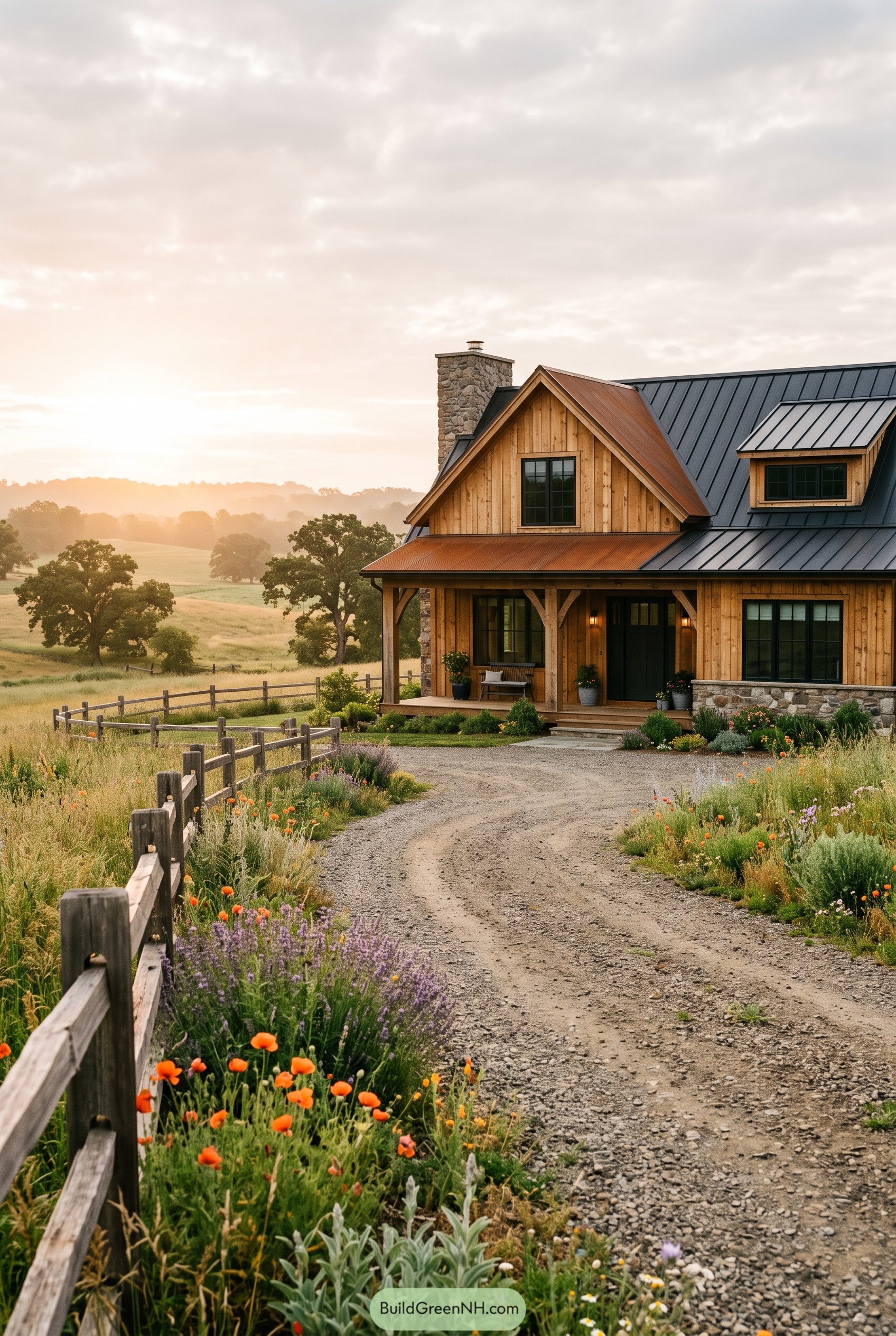 Wood farmhouse with metal roof and stone chimney