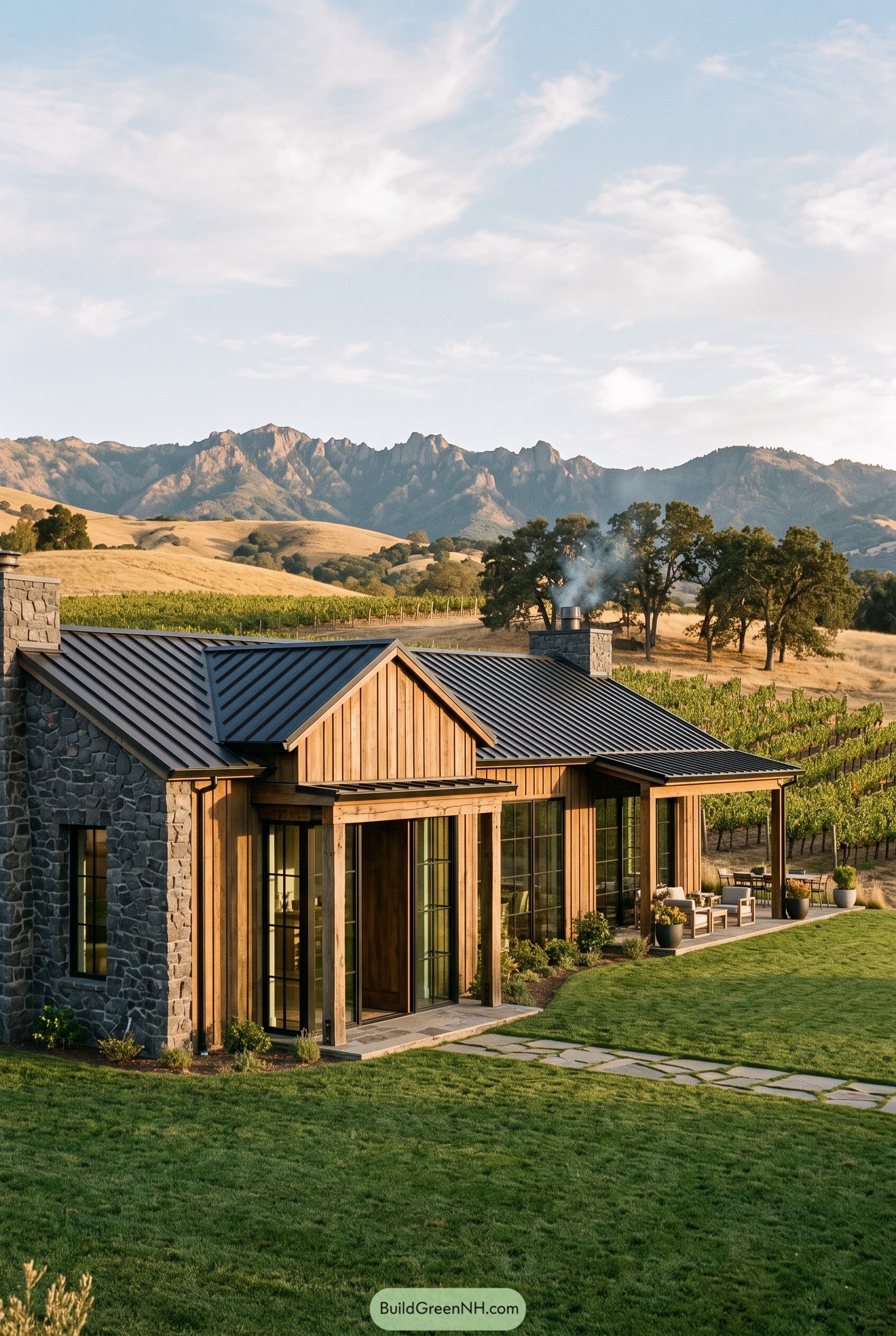 Vineyard farmhouse with metal roof and stone chimney