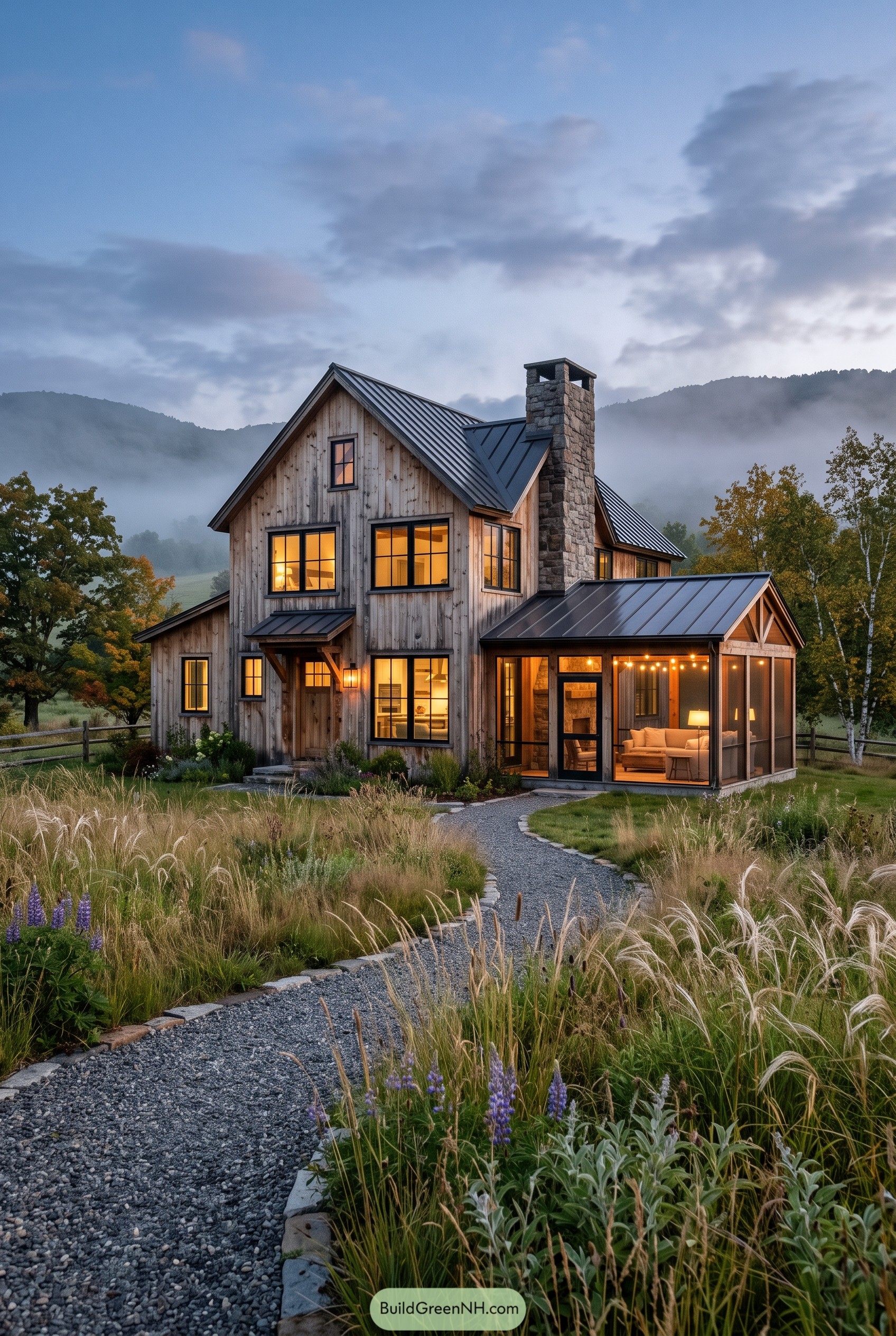 Modern farmhouse with metal roof and stone chimney
