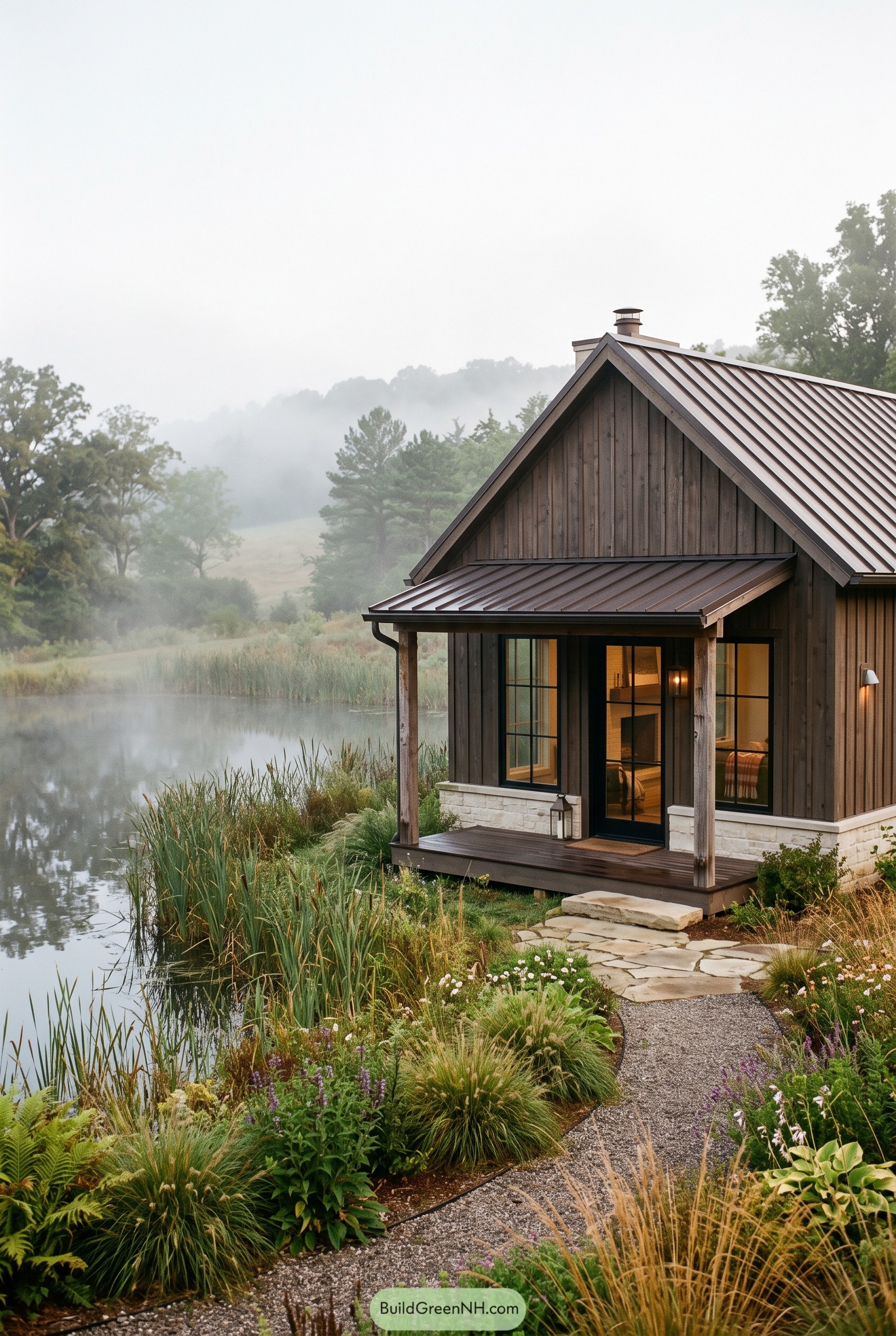 Modern farmhouse cottage beside a misty pond