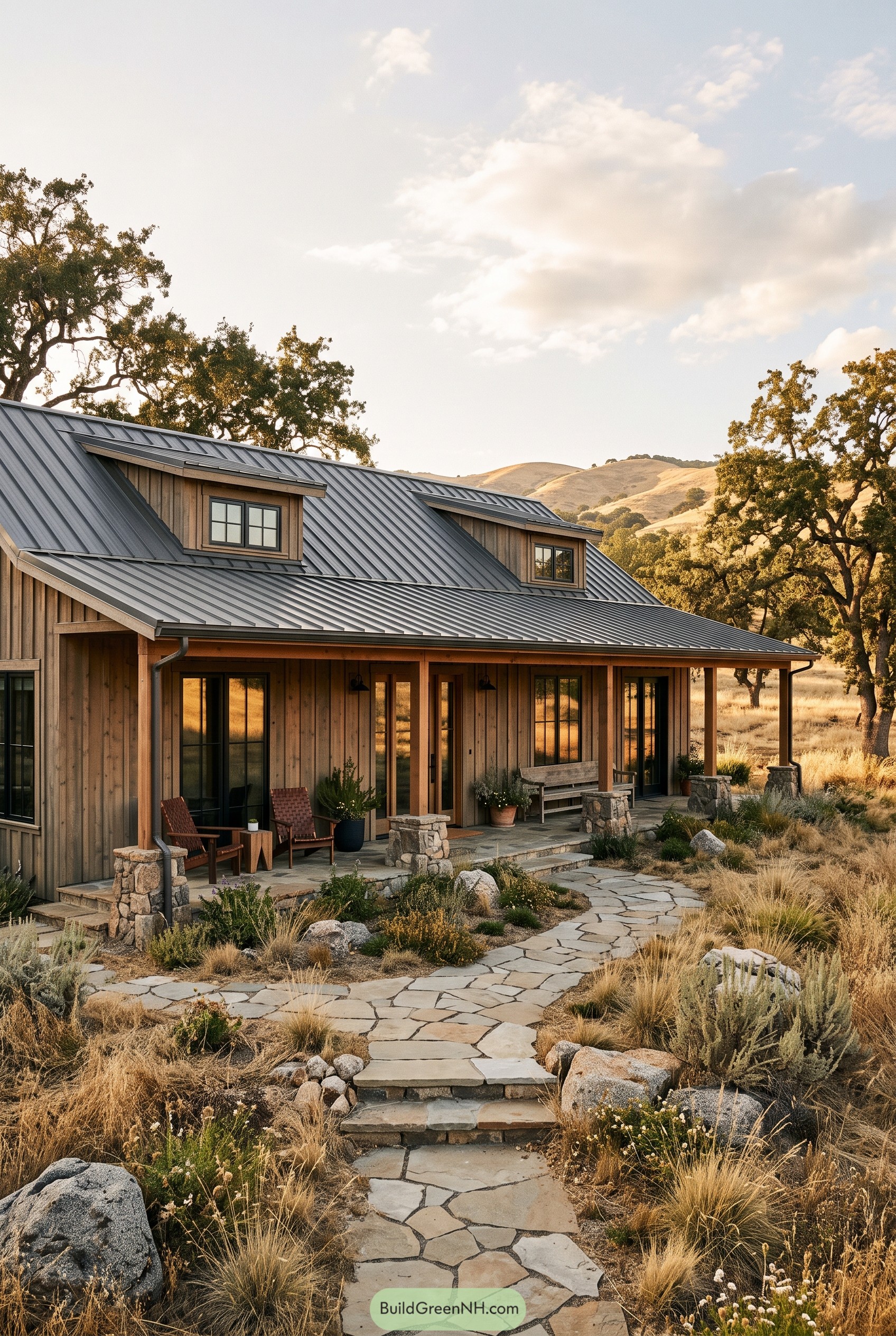 Modern farmhouse with metal roof and porch