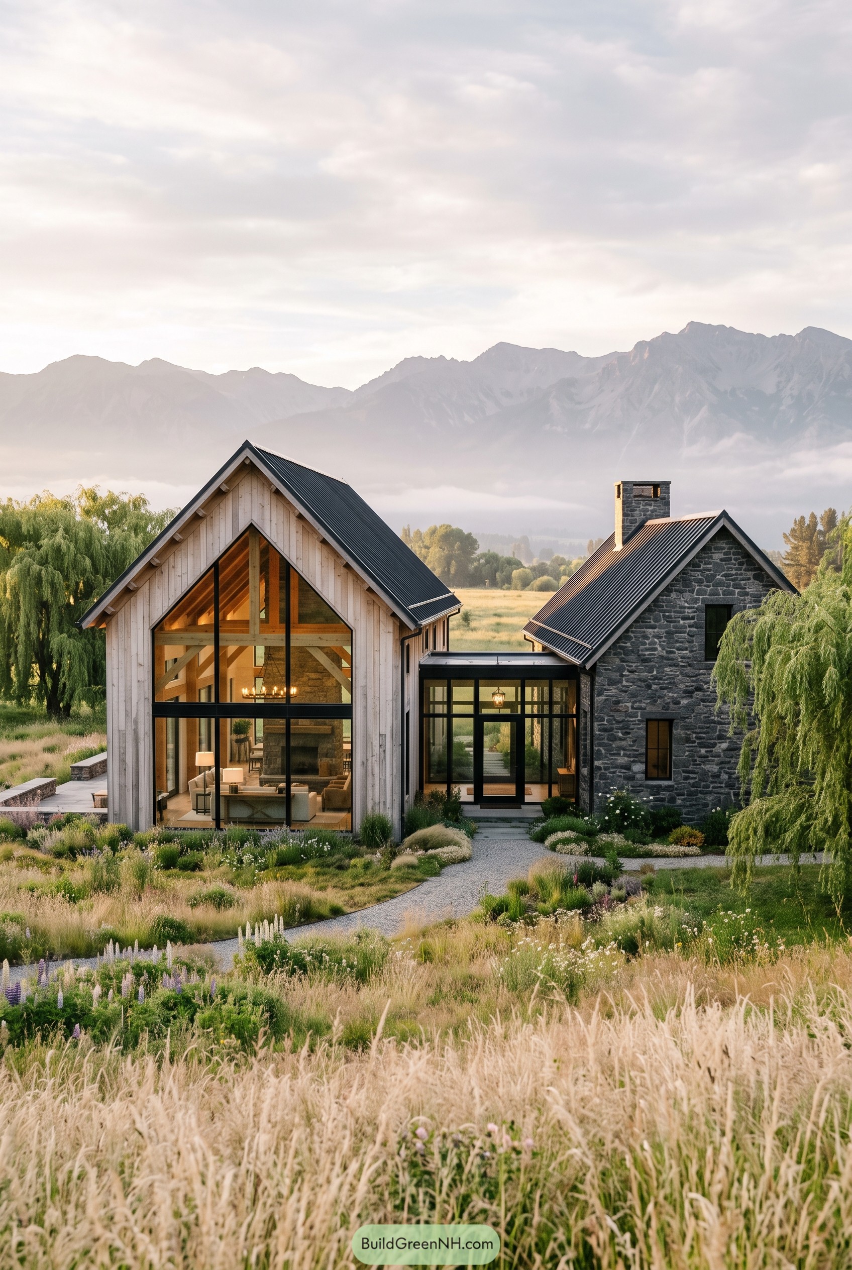 Modern farmhouse with glass gable and stone wing