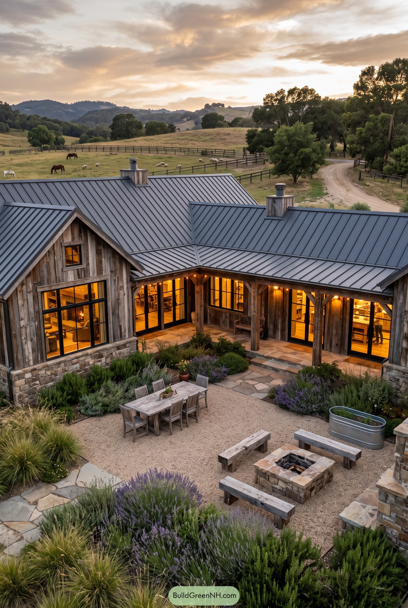 Rustic ranch house with metal roof and courtyard
