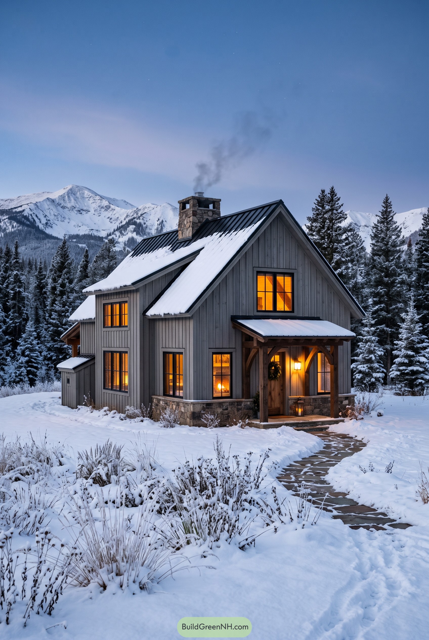 Snowy modern farmhouse with mountain backdrop