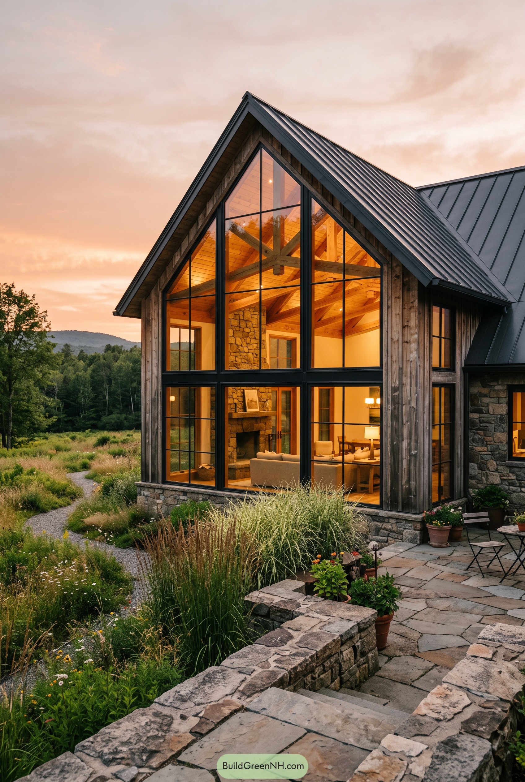 Modern glass gable farmhouse with stone patio