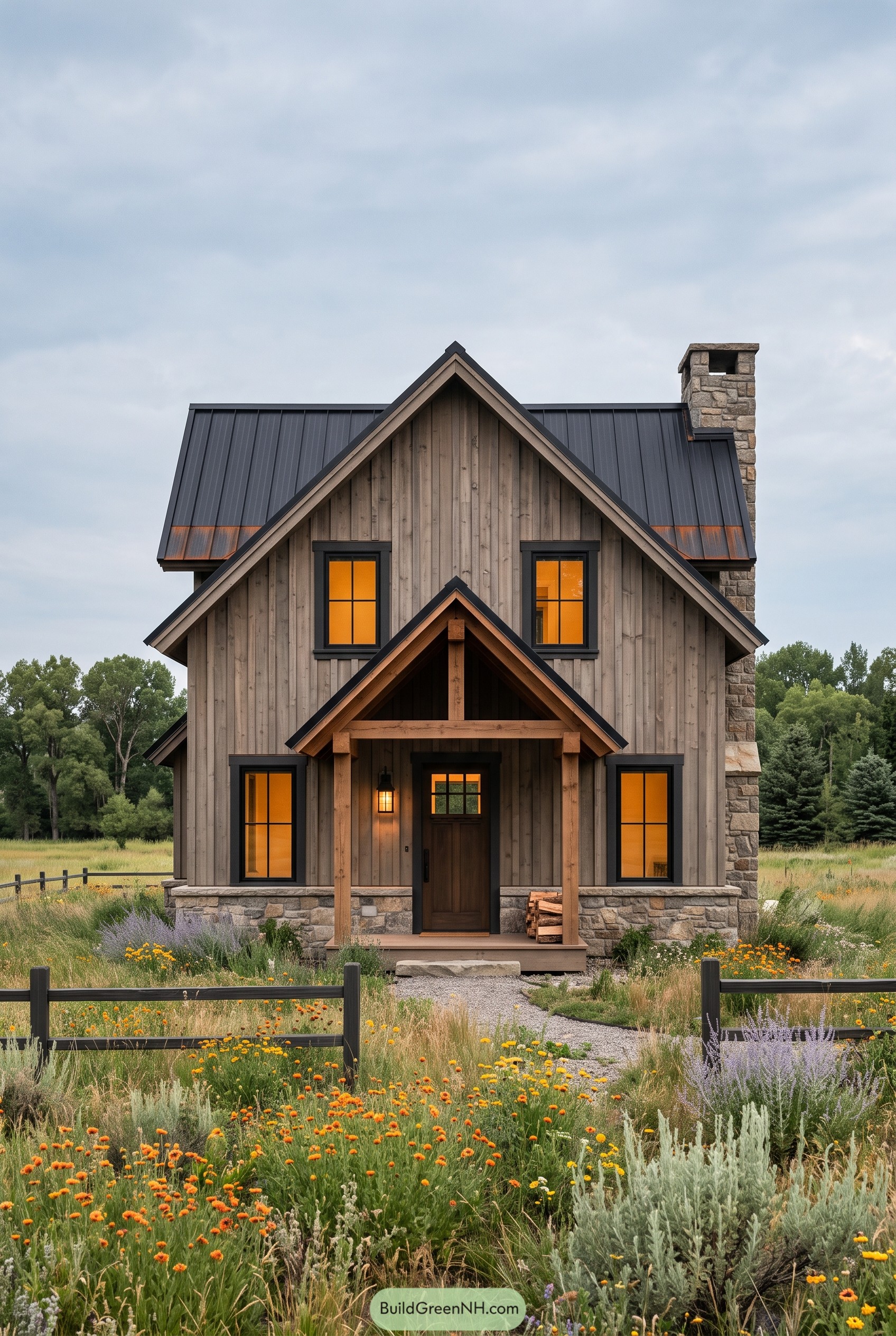 Modern farmhouse with timber porch and stone chimney