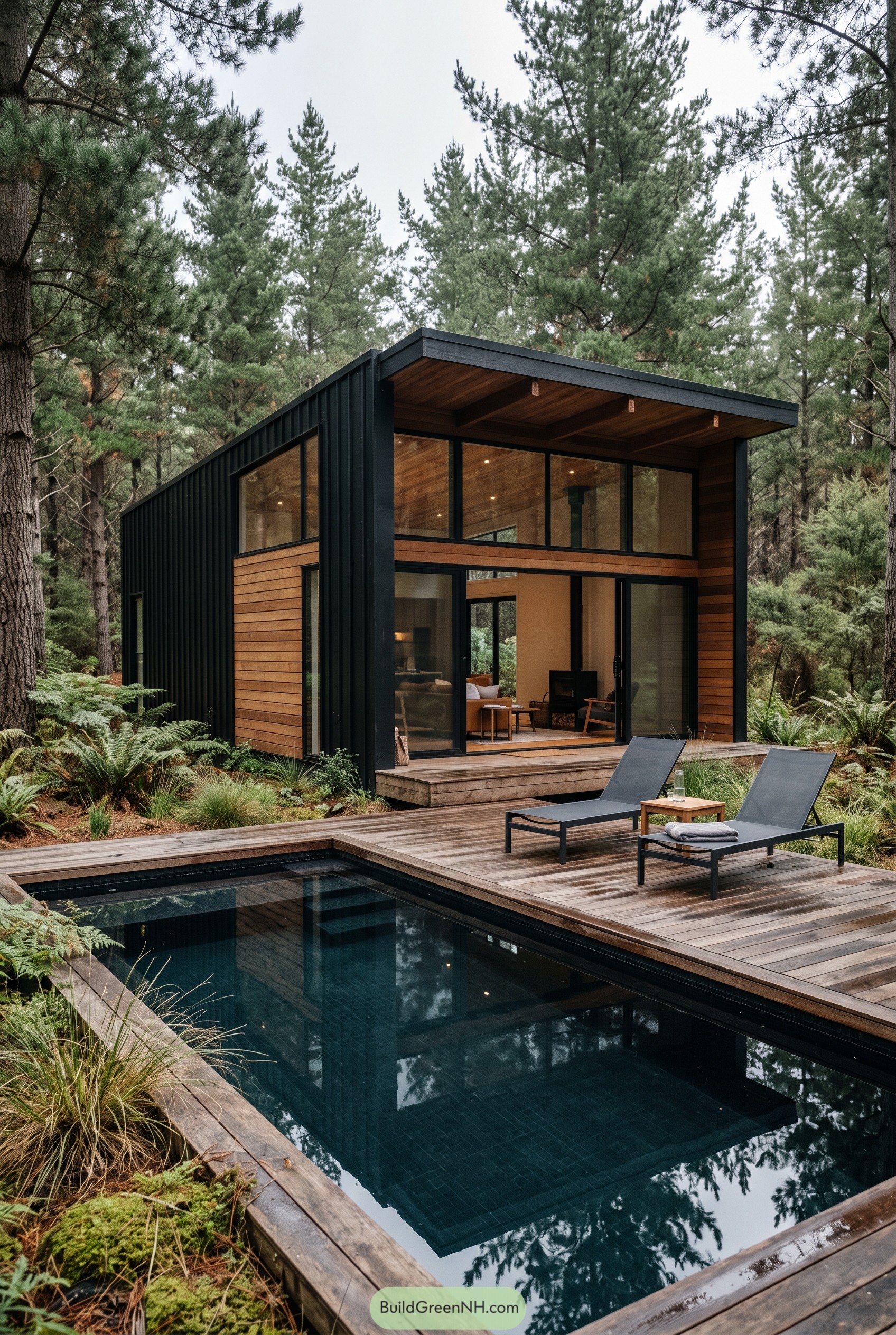 Modern forest cabin with pool and deck