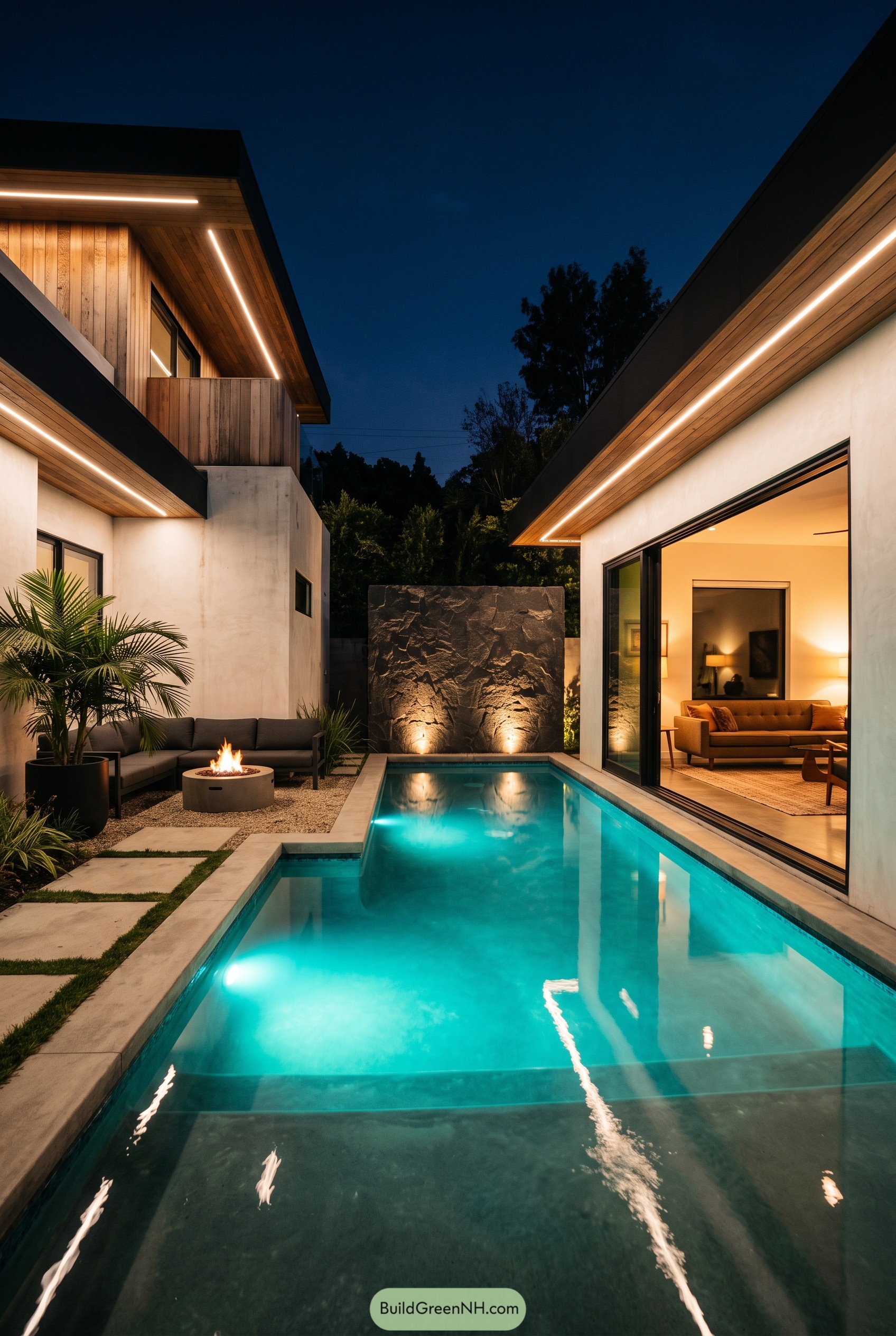 Modern courtyard pool between wood clad volumes