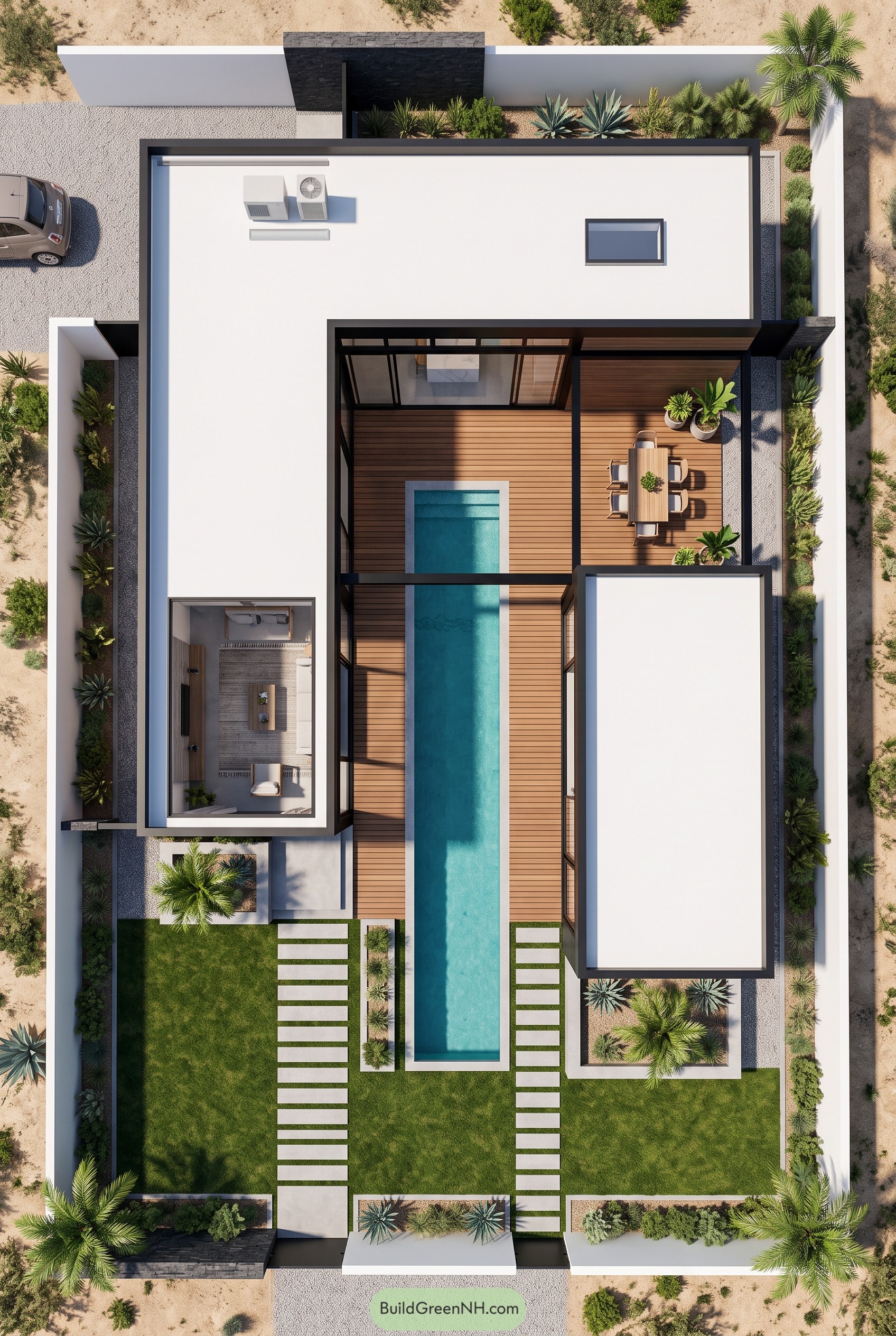 Aerial view of modern home with lap pool