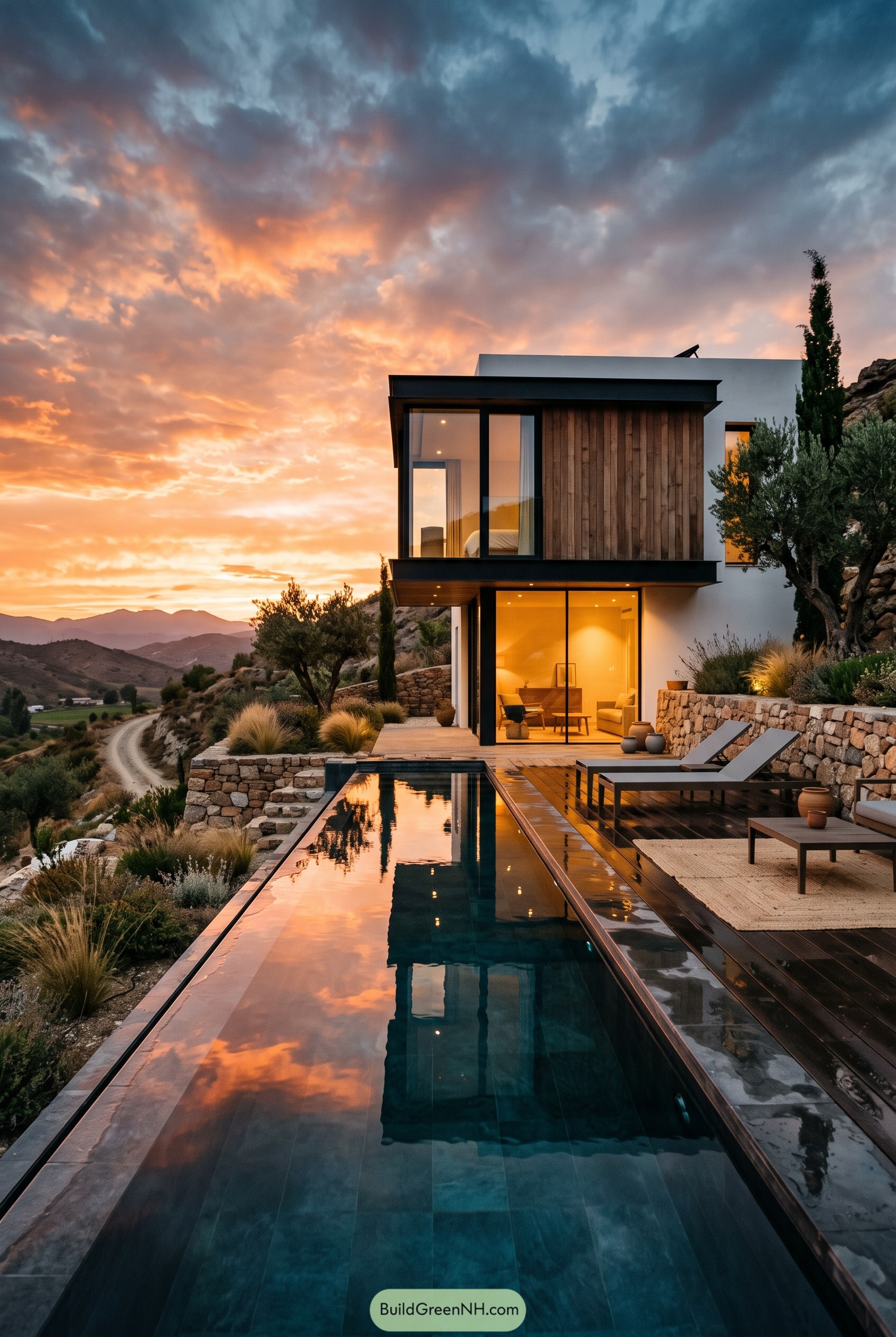 Cliffside modern home with lap pool at sunset